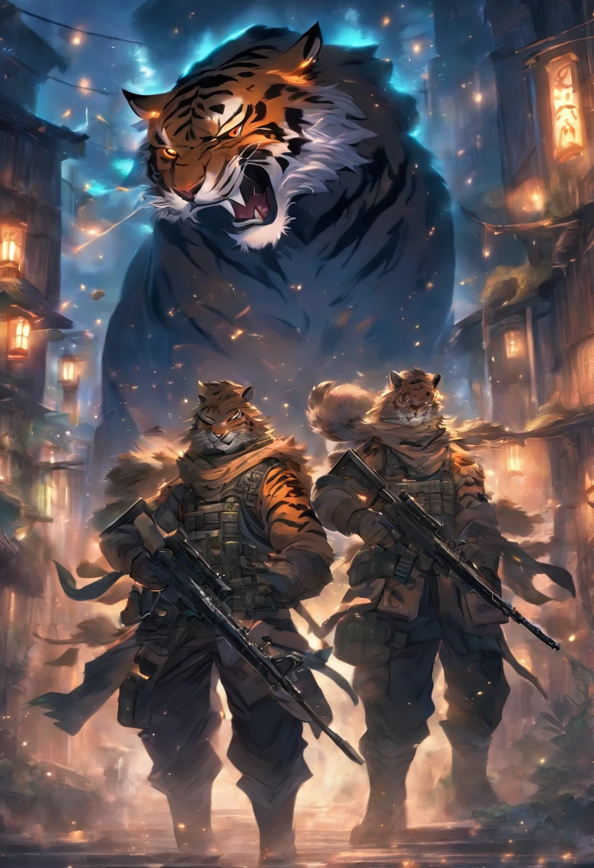 top quality, best quality, High-quality illustrations, masterpiece, super high resolution, detailed background, illustration of two tigers holding rifles and combat knives, epic lighting, assorted poses, dynamic angle, looking at user, various smiling expressions, different fur colors, modern military outfit, military headgear, night vision goggles, Cinematic light and reflection, Intermediate metaverse elements, Digital Painting, Beautiful atmosphere night skylight, Buildings in medieval Europe,