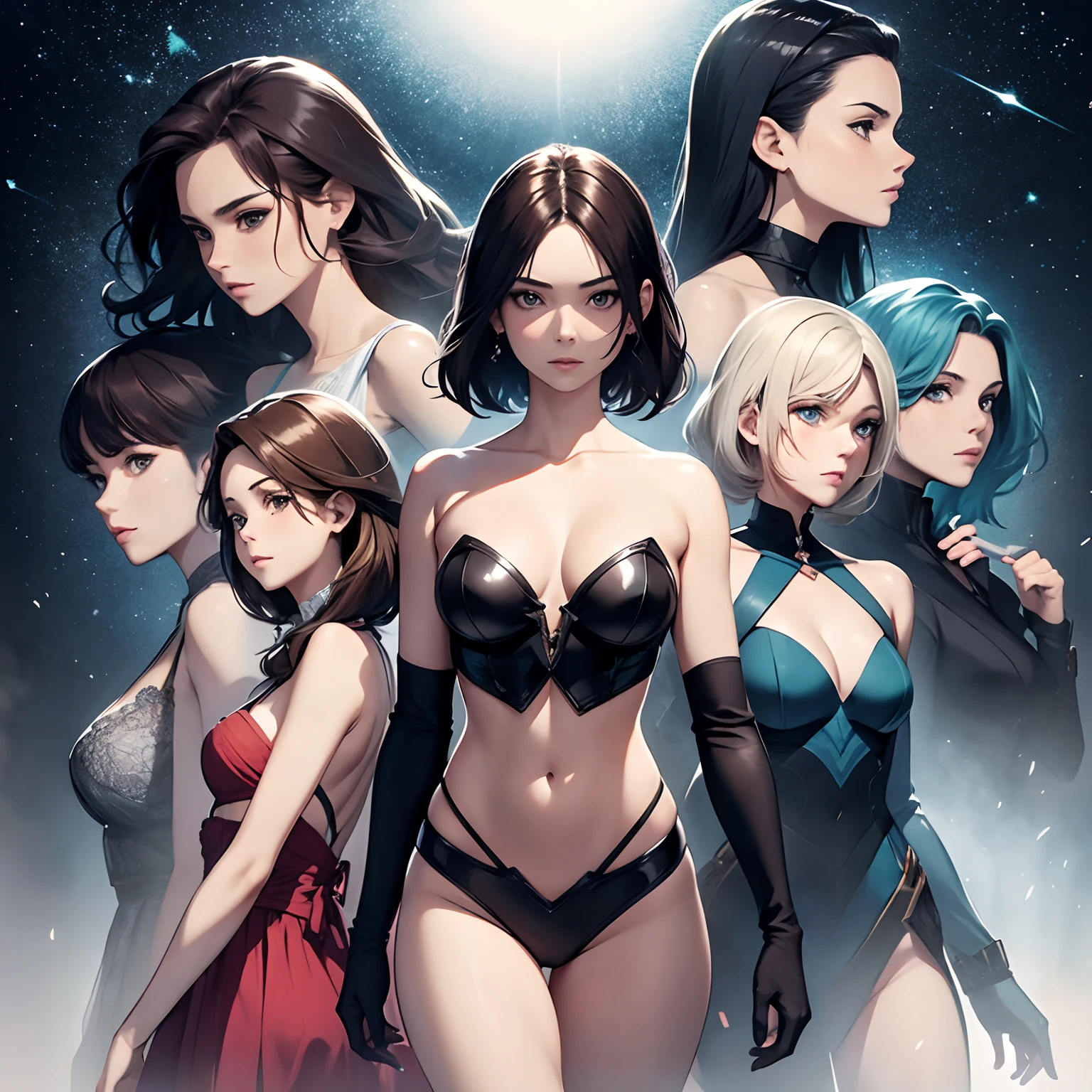 Capa de filme, 5 protagonistas mulheres. A primeira com o corpo e o rosto principal, the others only the face. Extremamente criativo