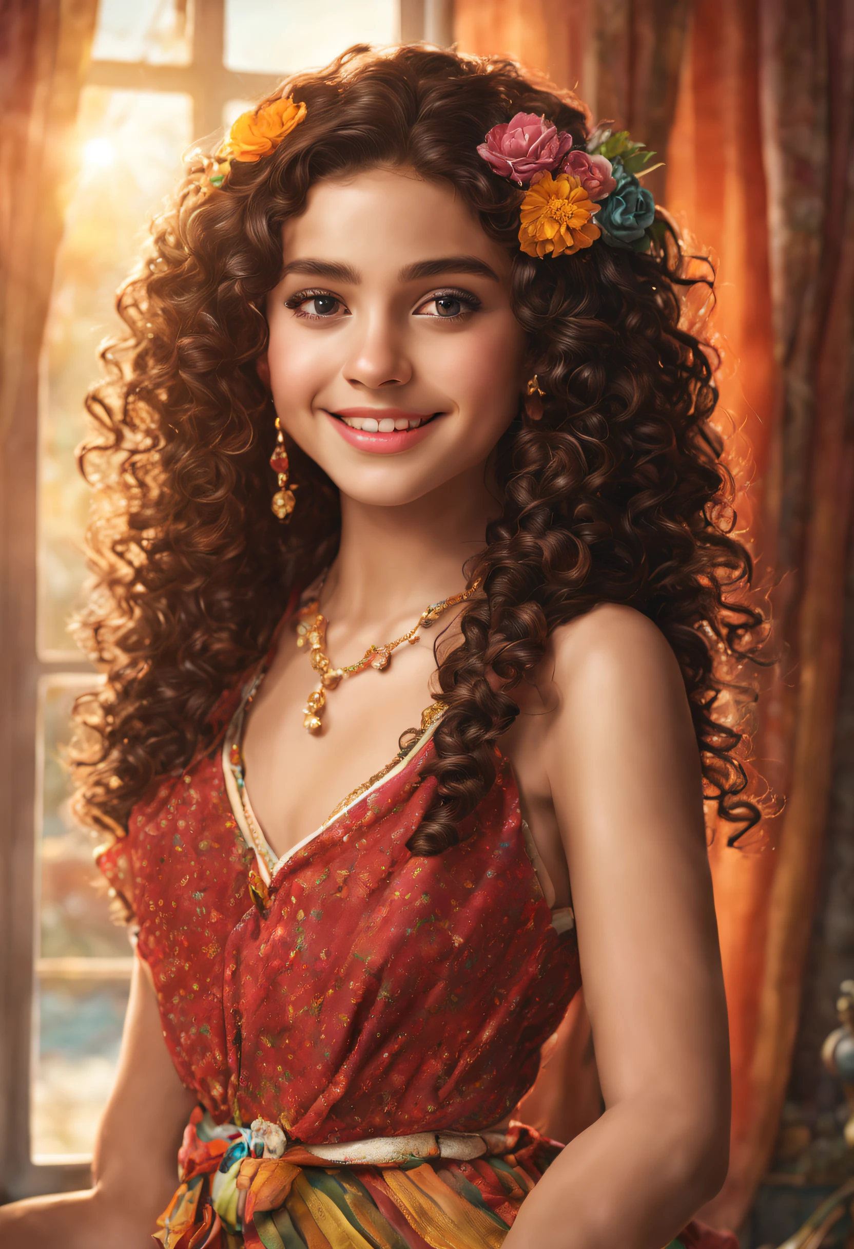(master piece, 16k,8k,4k, ultra detailed:1.1),(beautiful face:1.1),(1Teen:1.1),14 years old, dark curly hair that falls delicately over her shoulders, lively brown eyes, cheerful appearance, clothes colorful and wears exclusive accessories, such as handmade bracelets and earrings, inside a room with curtains on the windows and the sun shining