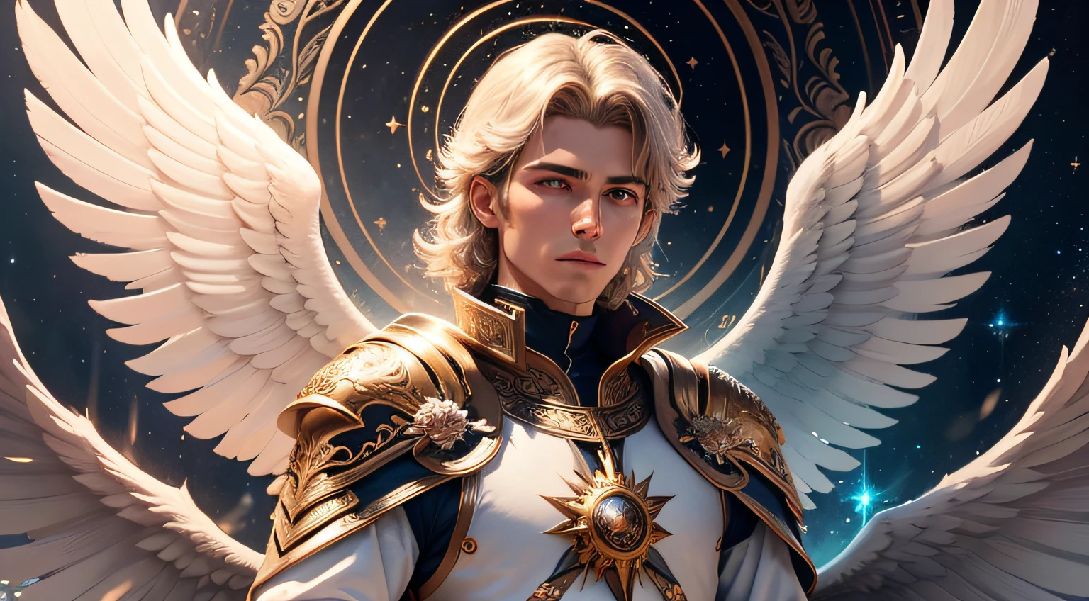 um personagem masculino bonito meia idade, o arcanjo Miguel, imagem celestial, detalhes intricados, realista, asas ROSAS e grandes, fundo angelical, Catholic illustrative image of the archangel Michael, Male character of the Bible, Michael is wearing his angelic armor, cosmic background, Illumination in the Archangel and in the background, imagem do corpo todo do anjo, Maximum detail and his angelic face and wings, pele perfeita realista, Maximum image quality, Miguel ele esta destacado na imagem com cores fortes e chamativas, asas grandes