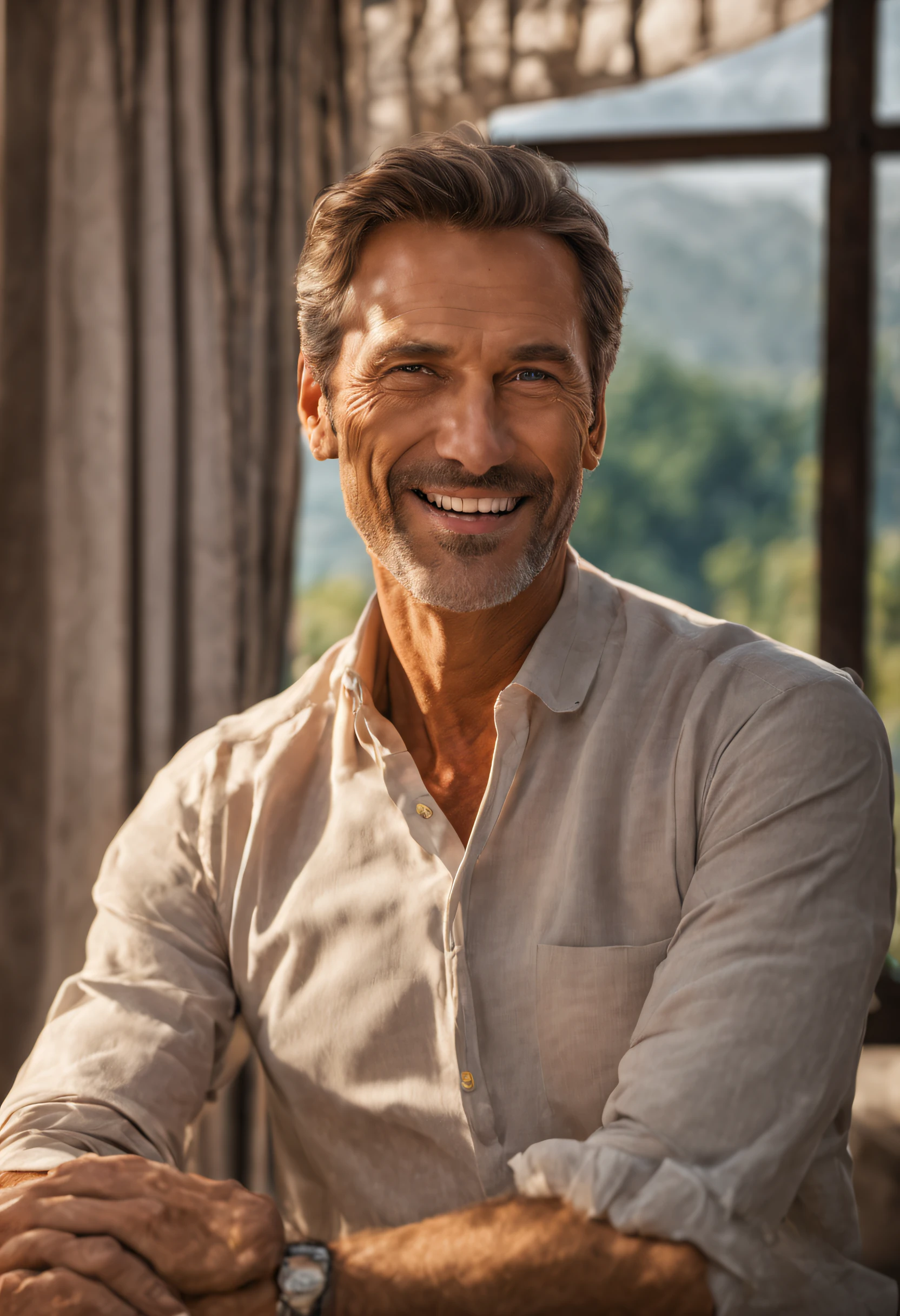 (masterpiece, 16k,8k,4k, ultra detailed:1.1),(gorgeous face:1.1),(1man:1.1), 40 years old, tall and thin, brown hair starting to turn gray at the temples, gentle eyes and wrinkles that show their frequent smile, practical and comfortable clothes, inside a room with curtains on the windows and sun shining