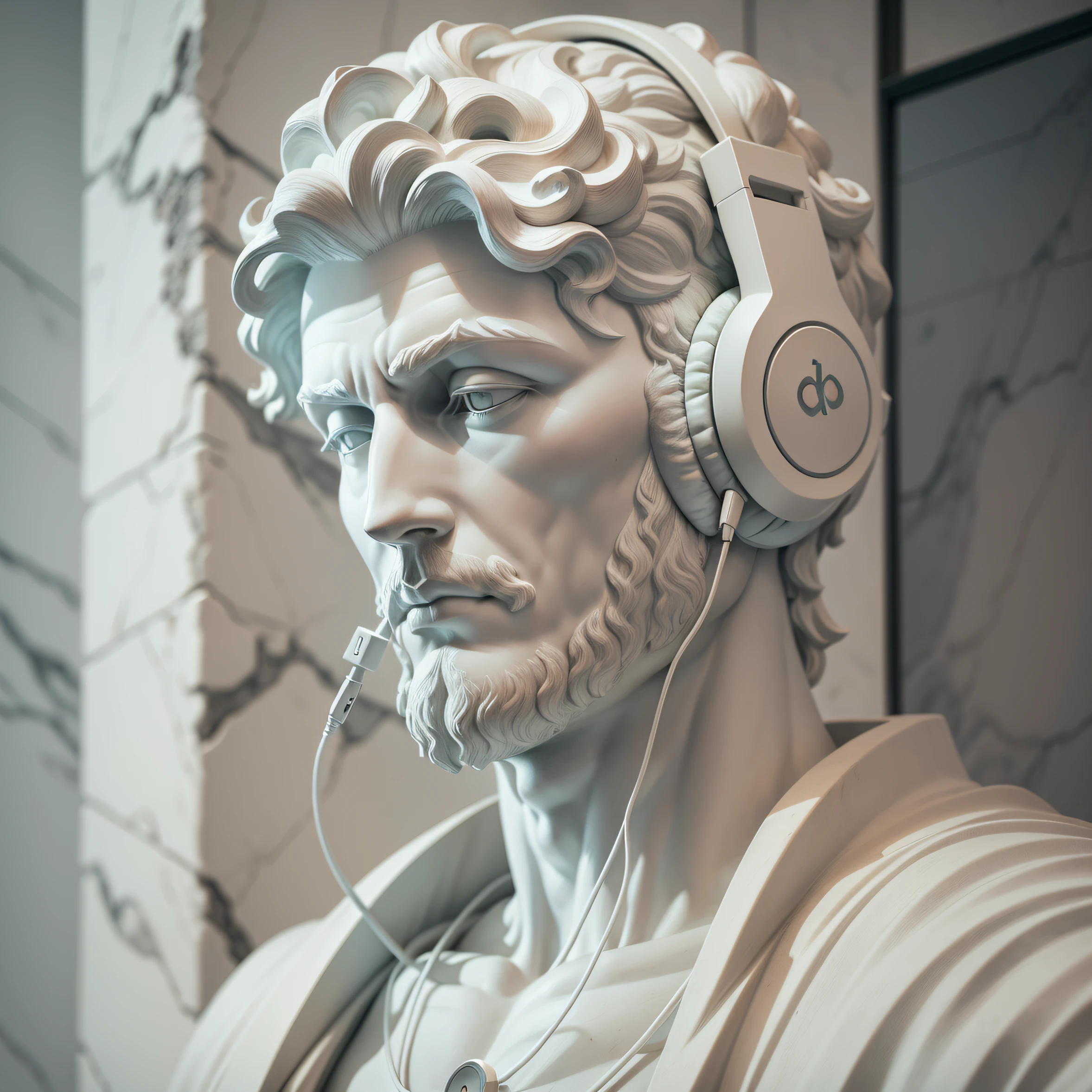 A white marble statue of a man with headphone beats by dr. dre, tudo esculpido em pedra, philosopher, Estoicismo, fotorrealismo, fotografia profissional, fundo escuro