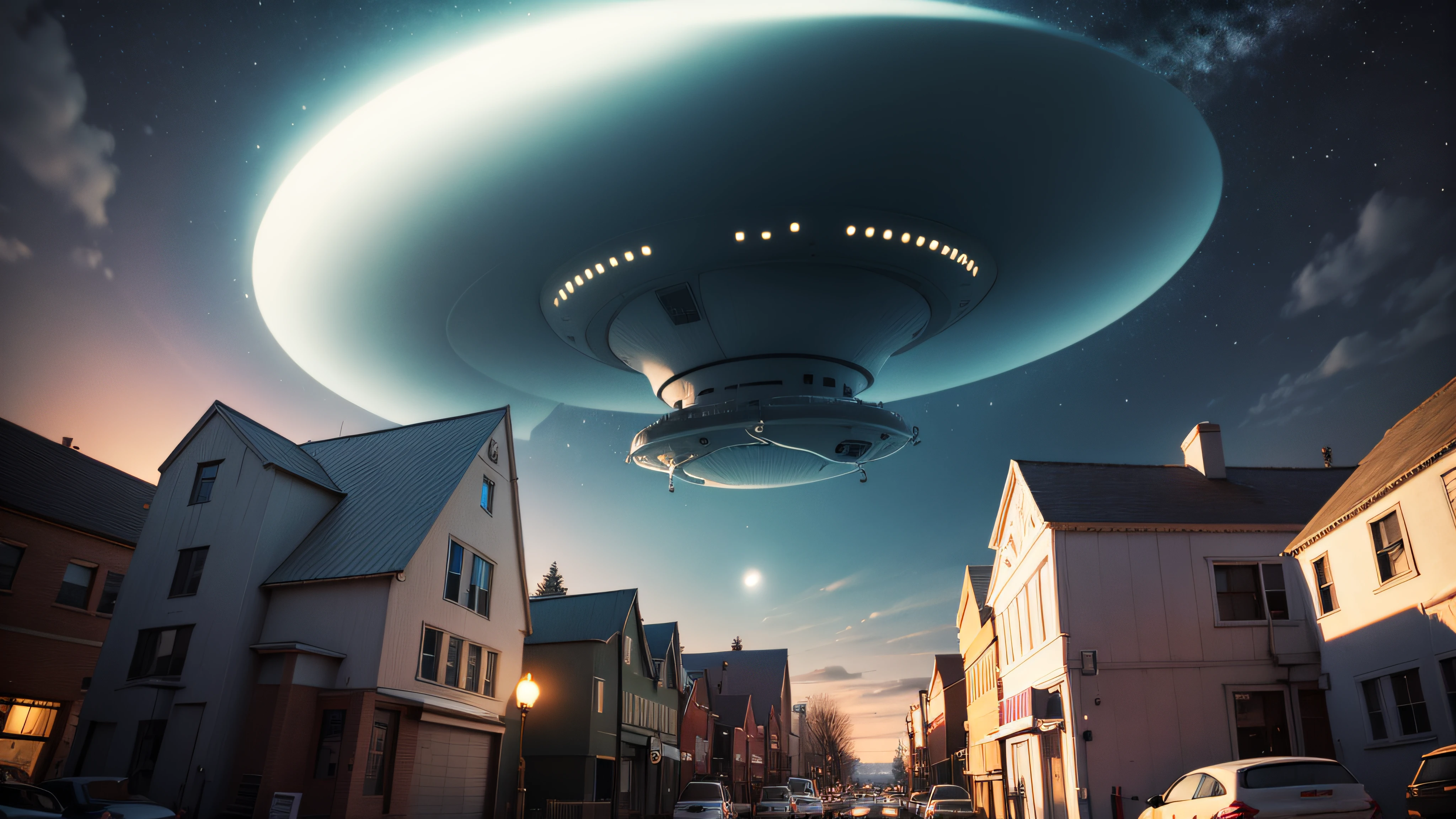UFO invasion in typical small North American town, seen from below with peoples terrified