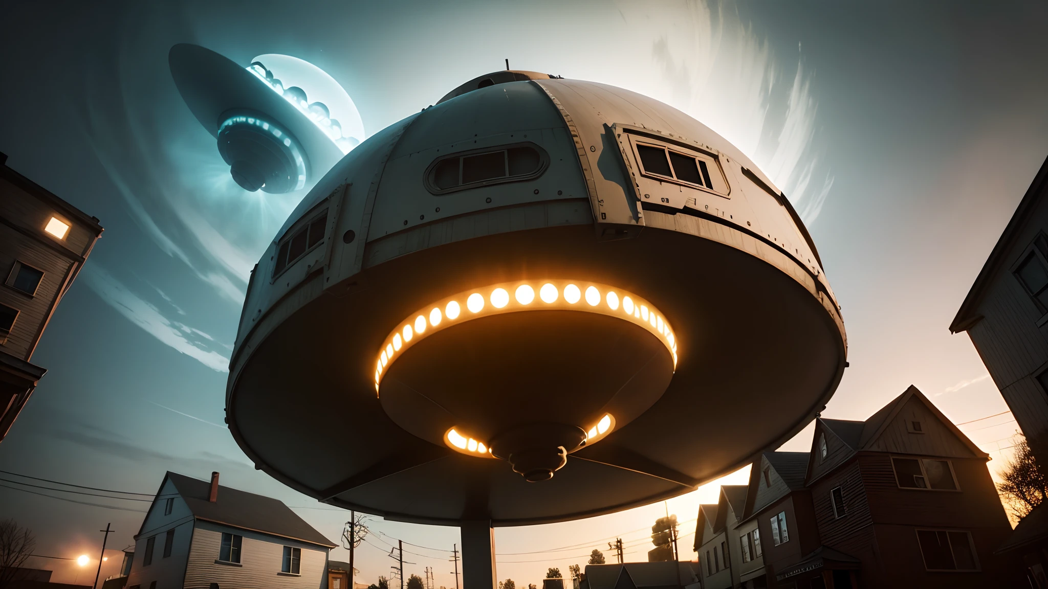 UFO invasion in typical small North American town, seen from below with peoples terrified