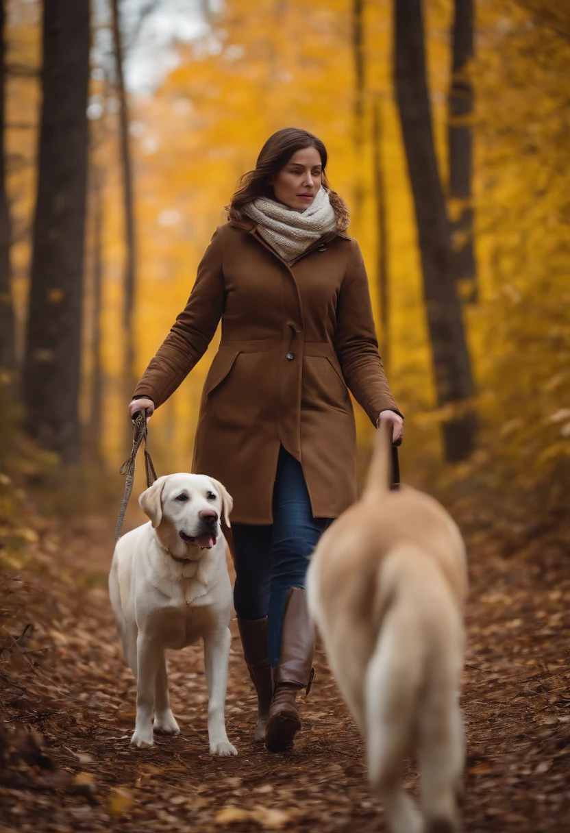 Female with brown hair all bundled up walking a skinny yellow lab in the woods on a crisp fall day.