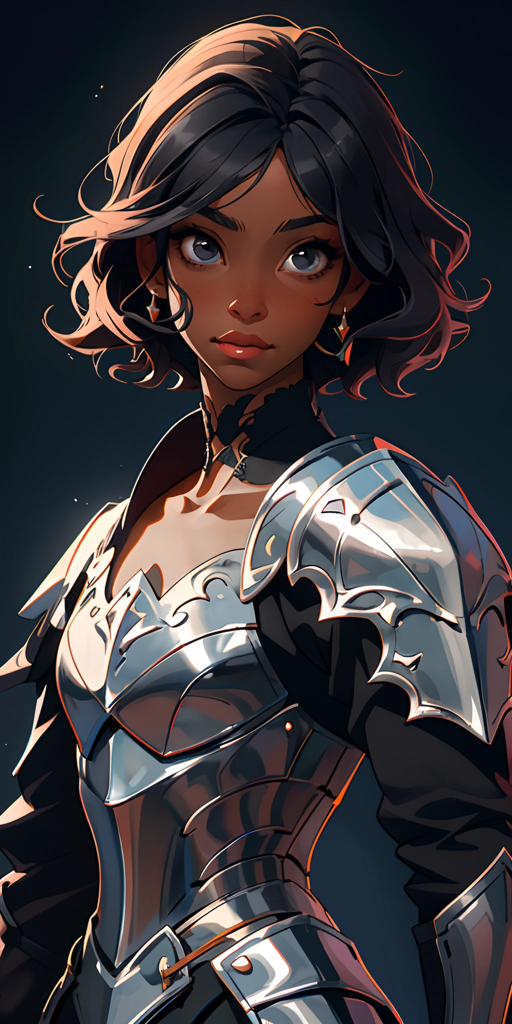 (masterpiece, top quality), 1 girl, collarbone, wavy hair, look at the beholder, dark skin, hair covering eyes, short hair, black hair, knight, armor