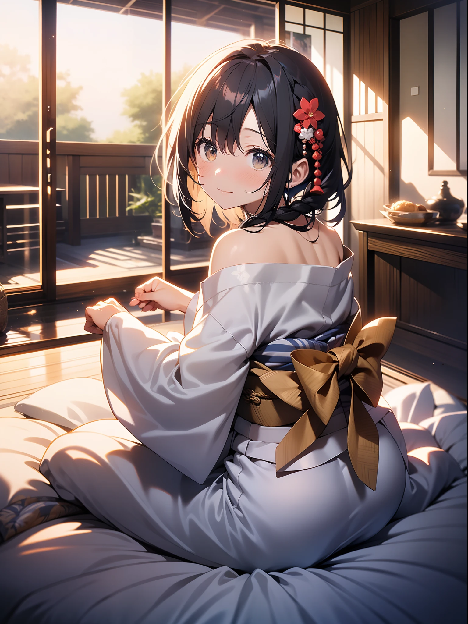 in 8K、top-quality、​masterpiece、ultra-detailliert、Ultra-high resolution、Anime style、traditional Japanese room、natta、Dark room without windows、((1 persons))、girl with、A dark-haired、Braided hair、Light-colored yukata、On the futon、cleavage of the breast、bare shoulders​、sleep on one's back