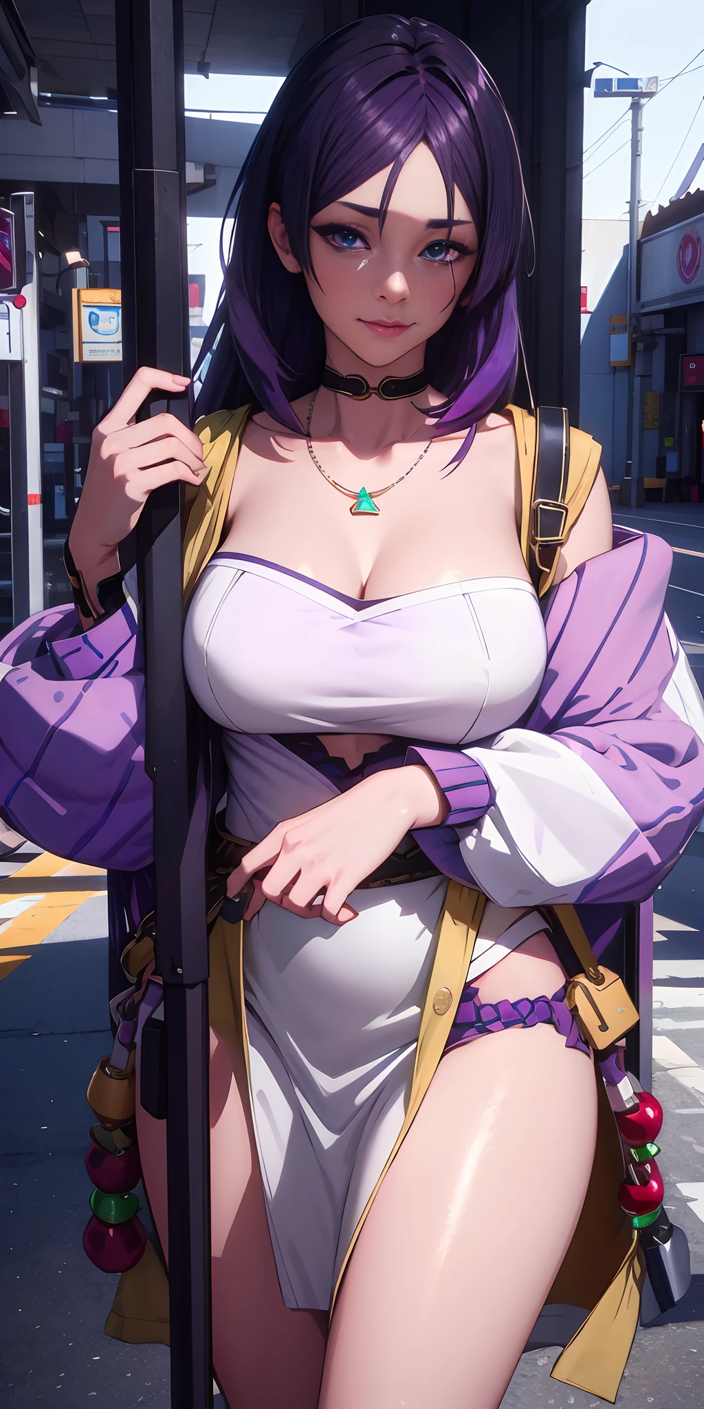 hmmr1, minamoto no raikou (fate), (dark-purple hair:1.8), long hair, 1girl, breasts, necklace, jewelry, cleavage, dress, large_breasts, solo, looking_at_viewer, collarbone, standing, indoors, holding, outdoors, closed_mouth, glow effects, godrays, Hand drawn, render, 8k, octane render, cinema 4d, blender, dark, atmospheric 4k ultra detailed, cinematic, Sharp focus, big depth of field, Masterpiece, colors, 3d octane render, 4k, concept art, trending on artstation, hyperrealistic, Vivid colors, extremely detailed CG unity 8k wallpaper, trending on CGSociety, Intricate, High Detail, dramatic