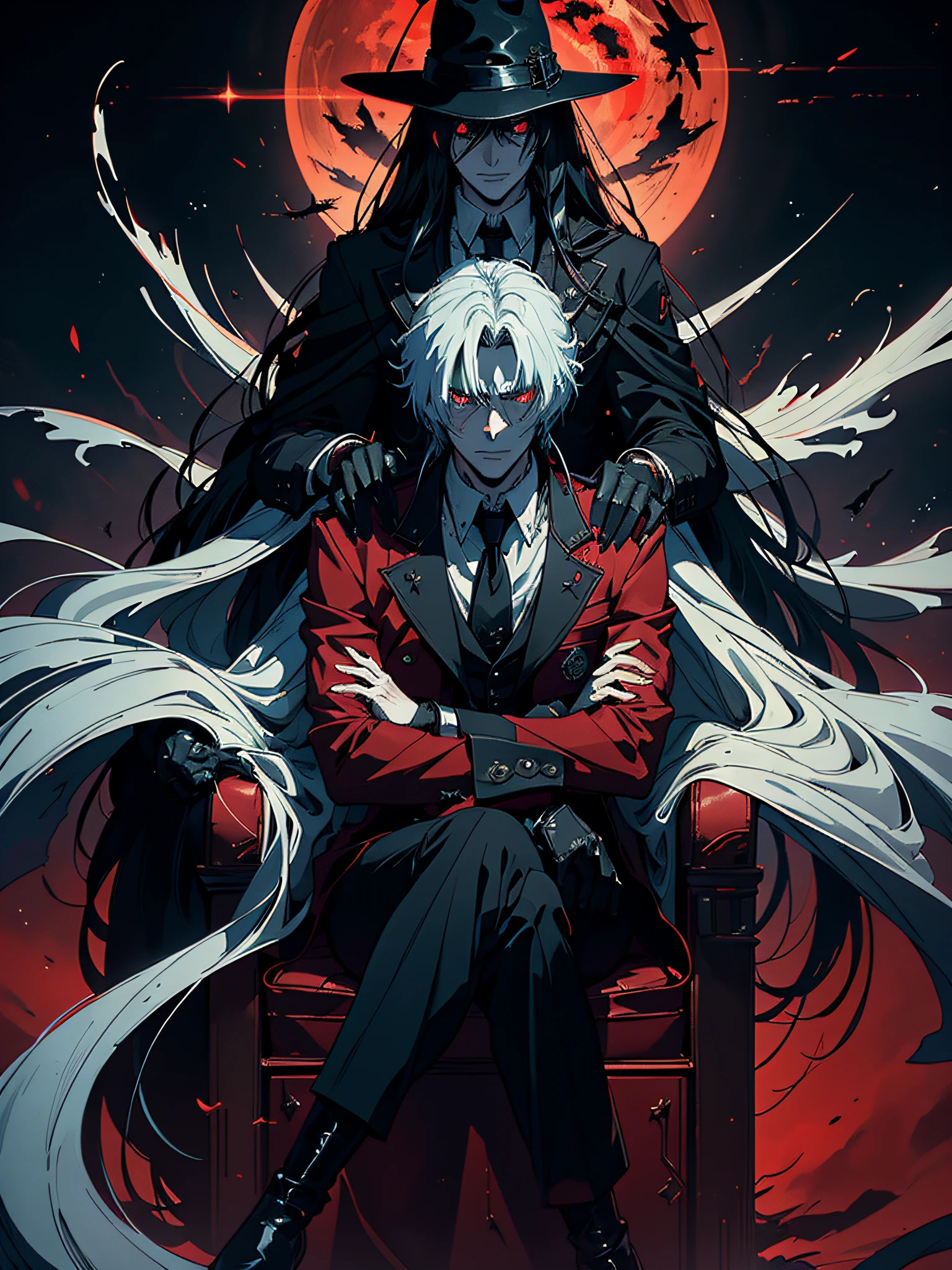 Alucard Hellsing, sitting on a red chair, supporting his face with his hand, and holding white magnum, figures on his back coming out of the dark, very red and black, (ultra-realistic), {extremely 8k CG unity wallpaper detailed}, expansive landscape photography, (a low view with focus on the character), (wide open field view), (low angle shot), (high light: 1.2), (low light: 2.0), (source warm light: 1.0), complex details, (iridescent colors: 1.2), (bright lighting), (atmospheric lighting), dreamy, badass, hellsing