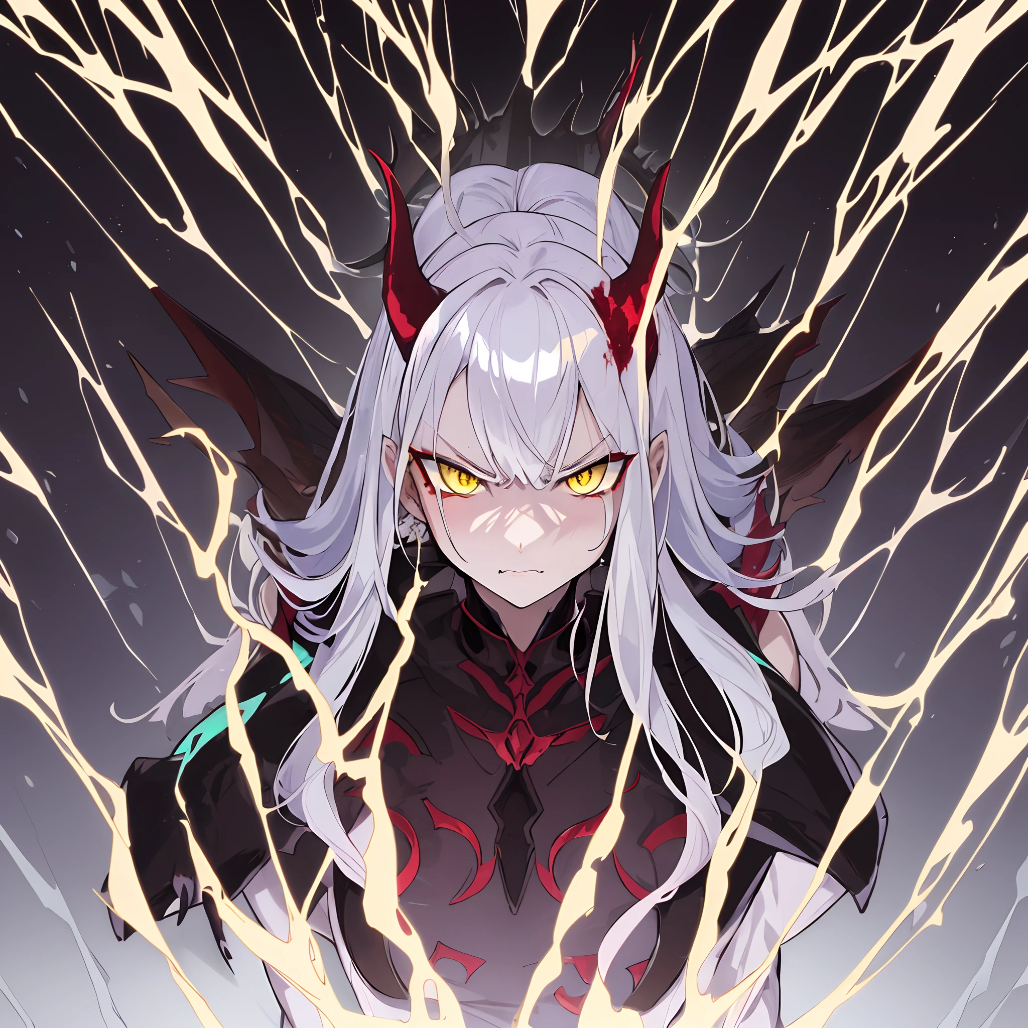 (Masterpiece, 4k, high quality, Highly detailed, Detailed face, vivid colors, Natural lighting, Amazing background), demon tail, angry face, serious, ((adult)), straight cut bangs, Long hair, Big bust , ((white hair with red streaks)), armor, ((Turquoise armor)), gray skin, blood marks, ((yellow eyes)), fur cloth coat, Long Cape, demon horns, heels, Good anatomy, long gloves, evil, emotionless, intimidating, bloody, beautiful eyes, dark background, detailed eyes