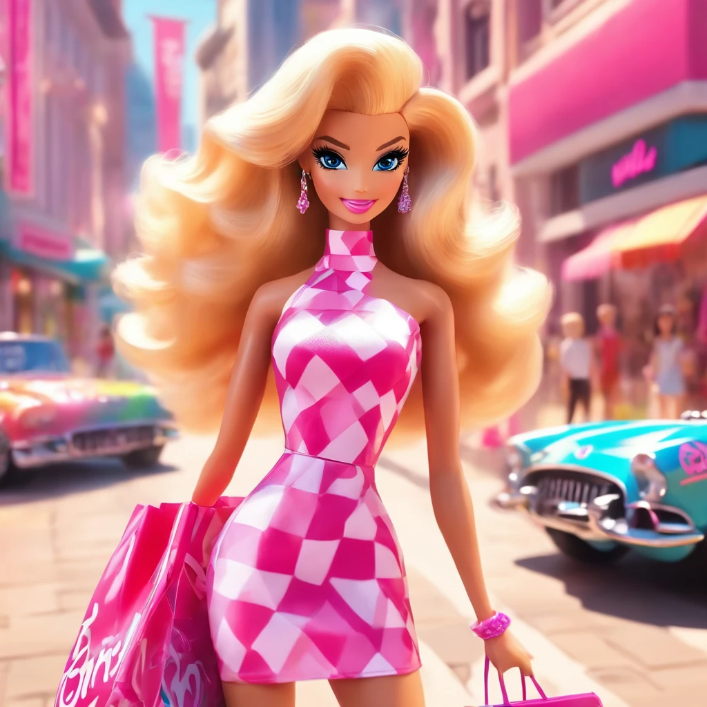 A scene with the same style is being created. Barbie is now outside the perfume store, holding a shopping bag from the store. She is about to get into her Chevy C1 Corvette. She is wearing a pink and white checkered dress and has long, high-definition, flowing hair. She is carrying a small bag on her back. The background features a sports car. The scene is of the highest quality, with vivid colors and realistic details. The lighting is perfectly balanced, highlighting Barbie and the car.