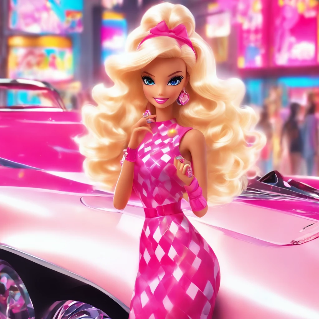 A scene with the same style is being created. Barbie is now outside the perfume store, holding a shopping bag from the store. She is about to get into her Chevy C1 Corvette. She is wearing a pink and white checkered dress and has long, high-definition, flowing hair. She is carrying a small bag on her back. The background features a sports car. The scene is of the highest quality, with vivid colors and realistic details. The lighting is perfectly balanced, highlighting Barbie and the car.