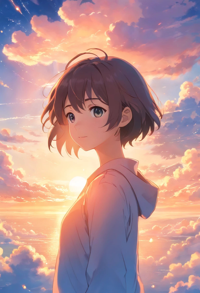 masterpiece, best quality, movie still, 1girl, cloud girl, floating in the sky, close-up, bright, happy, warm soft lighting, sunset, (sparks:0.7)