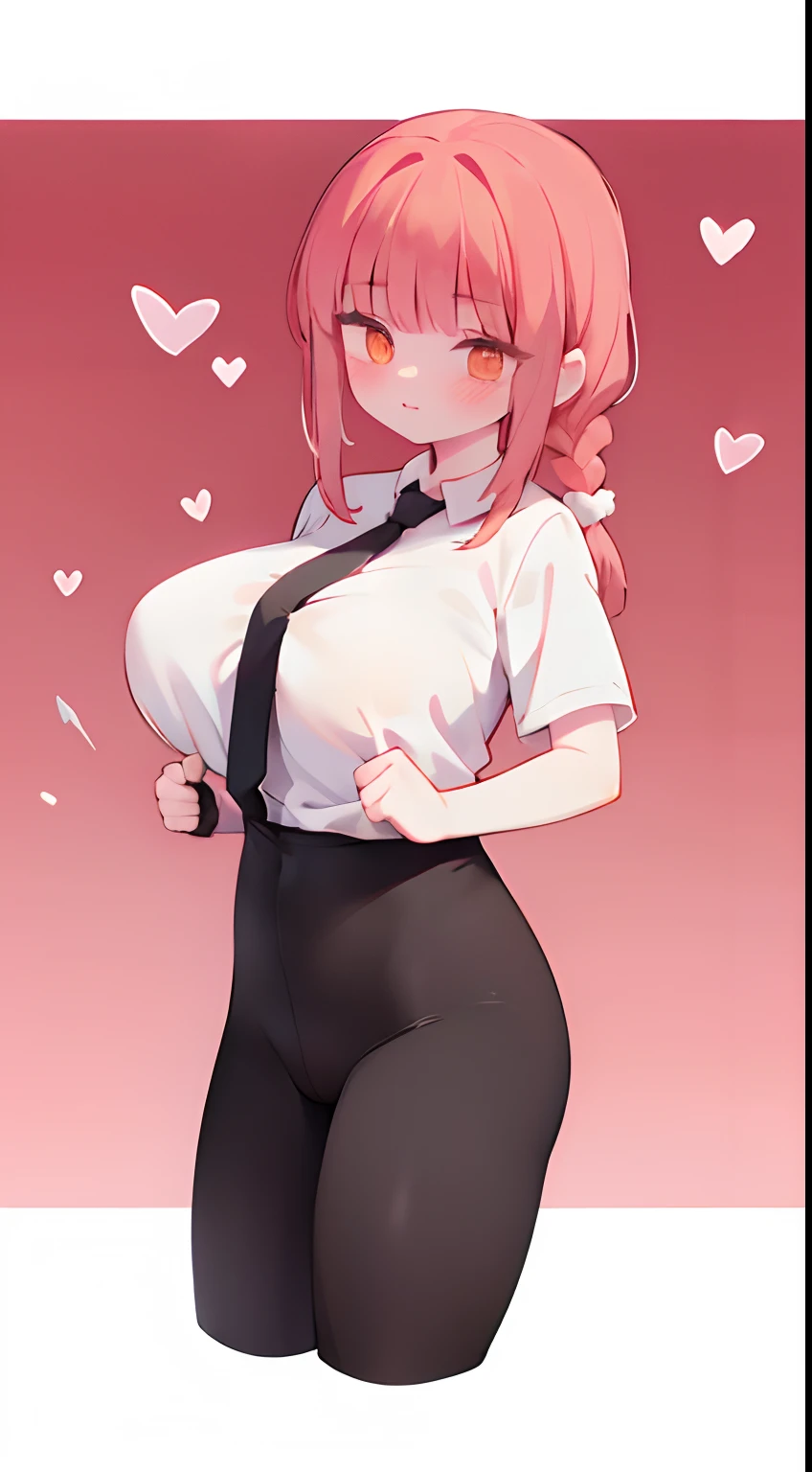 makima,huge tit,Gym characters,White shirt,black necktie,Prominent hip curve,red tinted hair,pigtails,Red pupils,black colored leggings,Suspender stockings,Lots of pink hearts,Love background,Fleshy thighs,highly rendered,detailed face with