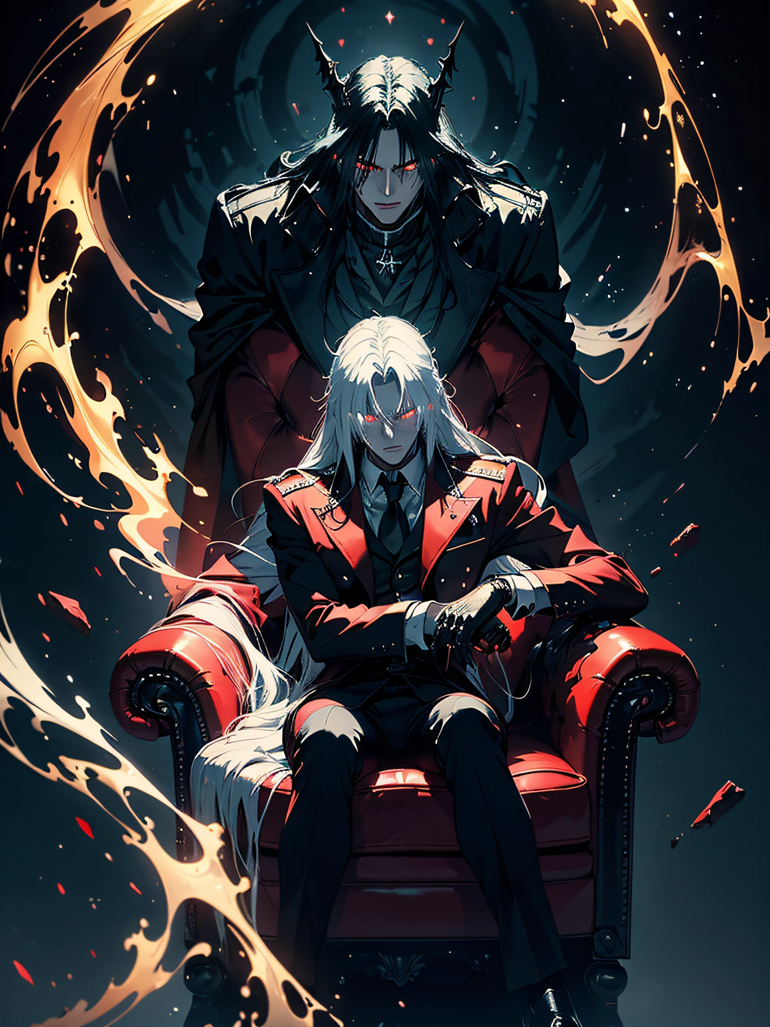 Alucard Hellsing, sitting on a red chair, supporting his face with his hand, and holding white magnum, figures on his back coming out of the dark, very red and black, (ultra-realistic), {extremely 8k CG unity wallpaper detailed}, expansive landscape photography, (a low view with focus on the character), (wide open field view), (low angle shot), (high light: 1.2), (low light: 2.0), (source warm light: 1.0), complex details, (iridescent colors: 1.2), (bright lighting), (atmospheric lighting), dreamy, badass, hellsing