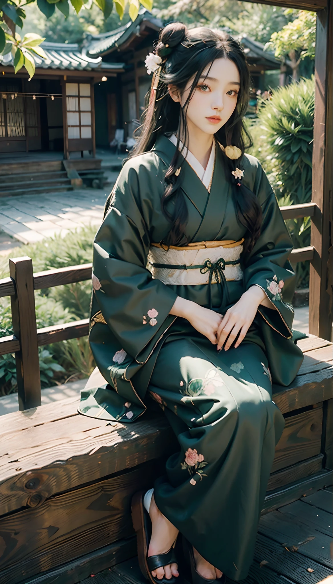 meticulous portrayal of face，1 noblewoman，(Camellia kimono)，(Long flowing black and green hair)，Simple and elegant Japanese clothing，Collar，(black sock，clogs)， s the perfect face， perfect hand， Perfect Finger， Perfect lips， perfect  eyes，Extremely normal body，Ancient Japanese town background，Perfect background