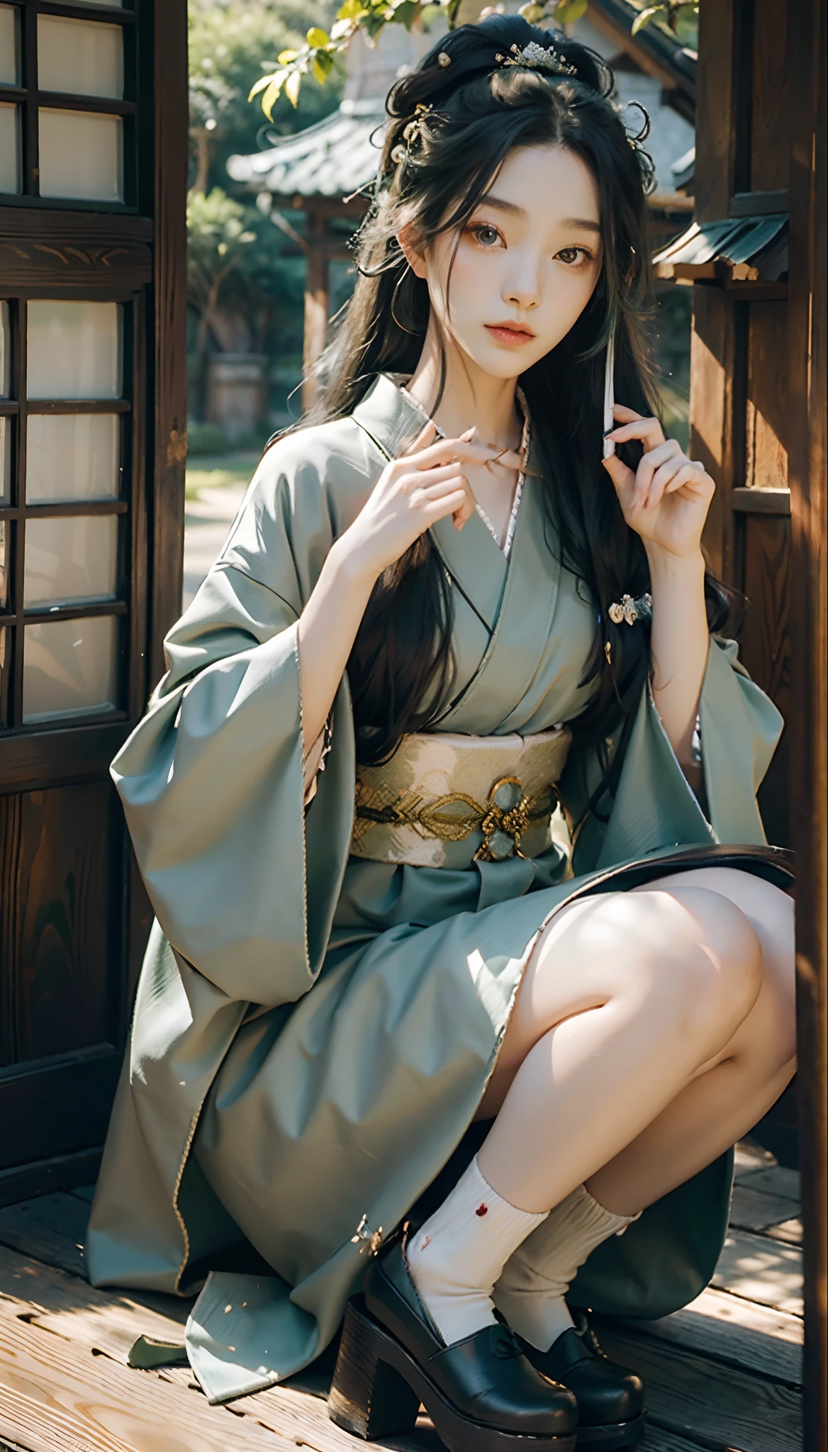 meticulous portrayal of face,1 noblewoman,(Camellia kimono),(Long flowing black and green hair),Simple and elegant Japanese clothing,Collar,(black sock,clogs), s the perfect face, perfect hand, Perfect Finger, Perfect lips, perfect eyes,Extremely normal body,Ancient Japanese town background,Perfect background