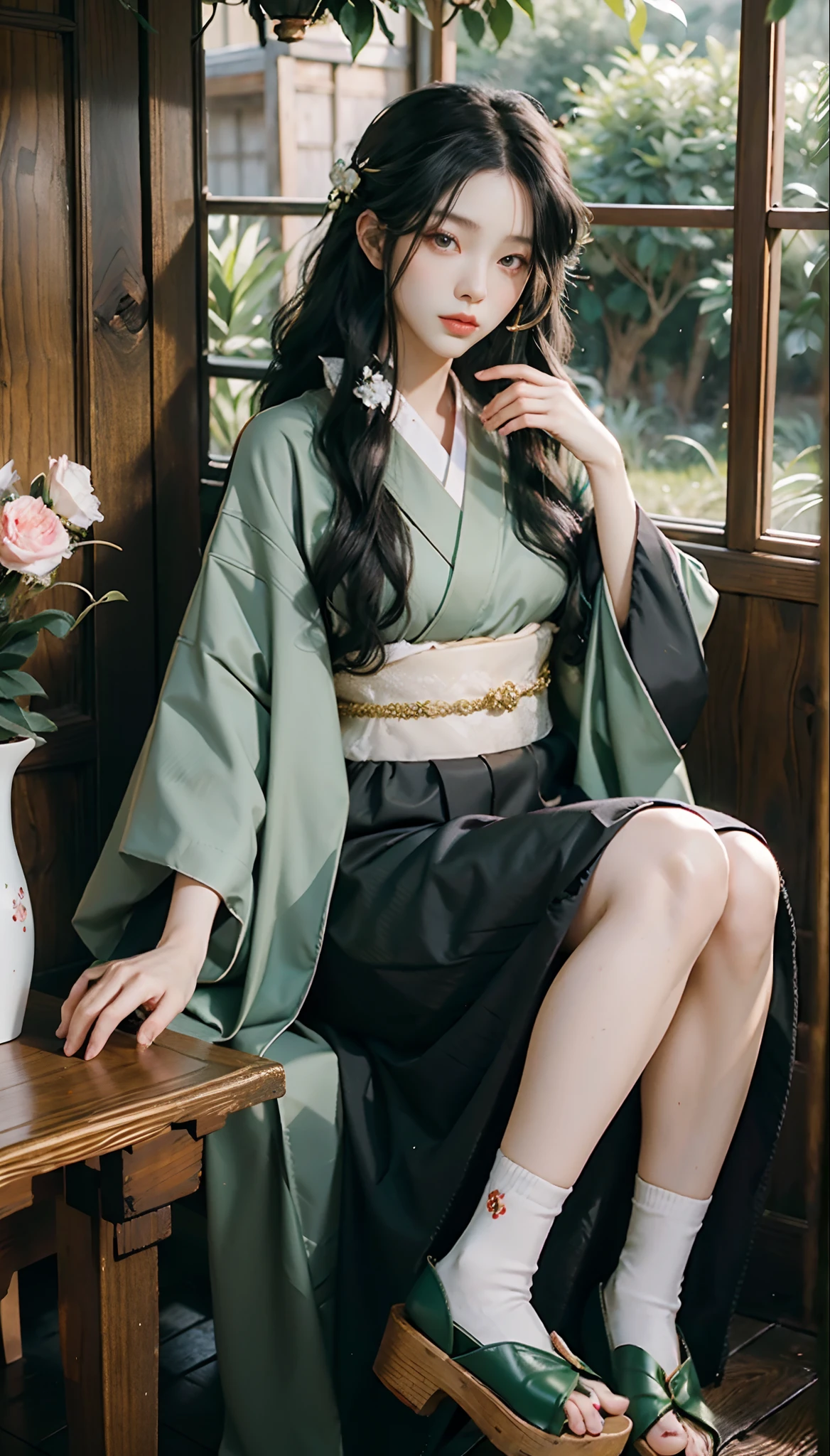 meticulous portrayal of face,1 noblewoman,(Camellia kimono),(Long flowing black and green hair),Simple and elegant Japanese clothing,Collar,(black sock,clogs), s the perfect face, perfect hand, Perfect Finger, Perfect lips, perfect eyes,Extremely normal body,Ancient Japanese town background,Perfect background