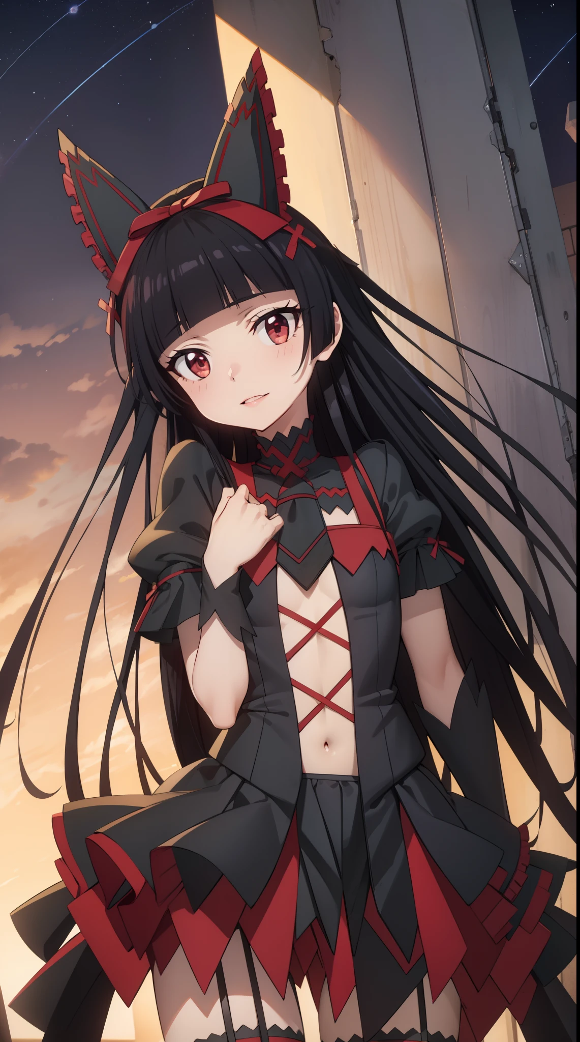 Rory Mercury, Rory Mercury, black  hair, blunt bangs, hime cut, hair ornament, red lipstick, hairlong, cute face, makeup, (small chest:1.2), (red eyes:1.5), BREAK Gothic underwear, the perfect body (little chest:1.3),  BREAK in full growth, red shoes, BREAK Black Stockings, Black Gloves BREAK, black thighs, garter straps, gloves, gotik, Hair Bow, gothic fashion, puffy short sleeves, puffy sleeves, short sleeves, thights, thights,  BREAK of the starry night sky, night city, BREAK looks at the viewer, BREAK (Masterpiece:1.2), Best Quality, High Resolution, Unity 8k壁纸, (illustartion:0.8), (beautiful detail eyes:1.6), extremely detailed face, perfect  lighting, extremely detailed CGI, (perfect arms, perfect anatomy),