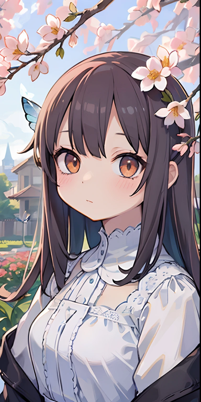 (best quality, masterpiece, ultra-realistic), portrait of 1 beautiful and delicate girl with a soft and peaceful expression, the background setting is a garden with flowering bushes and butterflies flying around.