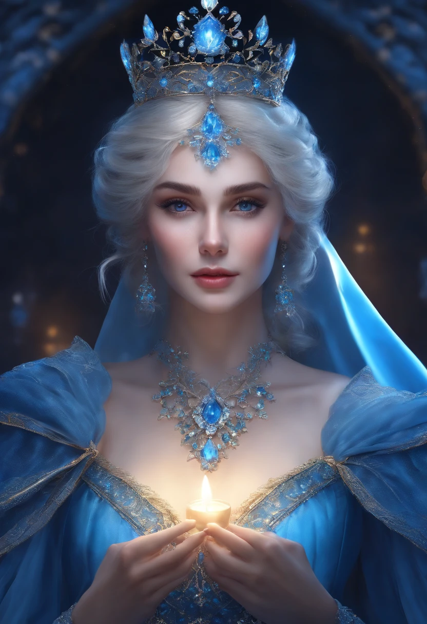 Nuit, ((1 fille)), seul, Masterpiece, 8k wallpaper, high resolucion, absurdes, High-quality background, Cheveux courts, cheveux noirs, cheveux multicolores, Beautiful frozen village, (Pleine lune lumineuse), Robe bleue, Detailed dress, robe bijoux, (magie:1.2), Feu bleu, yeux bleus, Des yeux brillants, Feu, Goddess of ice, (detailed blue beautiful crown), electricity, blue electricity, blue light particles