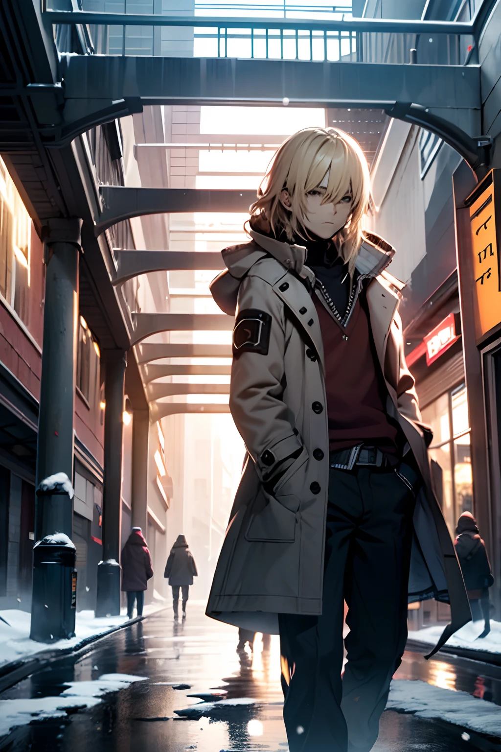 pale boy, blonde hair, green eyes, long hair, long bangs, long hair, in the snow, in a snowy futuristic city, wearing a torn blue coat, torn black pants, dark circles under his eyes, looking at viewer, loser look, shy face ,4k,