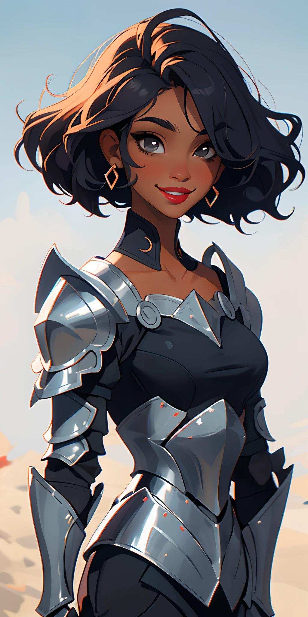 (masterpiece, top quality), 1 girl, collarbone, wavy hair, look at the beholder, dark skin, hair covering eyes, short hair, black hair, knight, armor, big breasts, smiling, glossy lips, lip stick