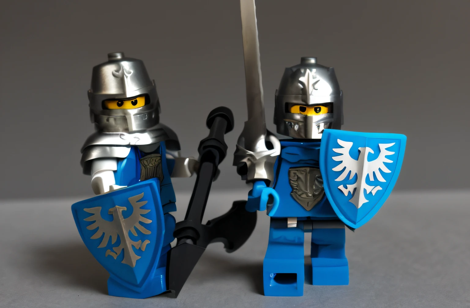 lego knights are holding swords and shield in a pose, blue and ice silver color armor, knights, blue armor, minifigure, knights armor, (((knight))), lego mini figures, guards intricate, wearing knight armor, dressed in armor, mini figure, wretched and corrupted knights, wearing plate armour, dressed in tactical armor, wearing chainmail armor, color blue