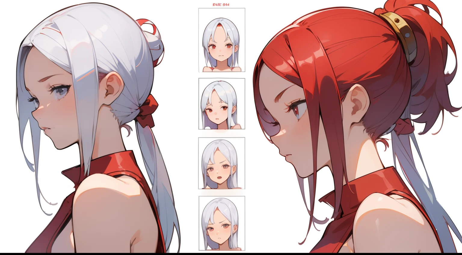 ((Best Quality)), ((Masterpiece)), ((Realistic)) 21 year old, girl, wixie haircut, ((red one piece white swimsuit)) (((detailed character sheet, frontal view, side view, three quarter view))) 7 heads full body, sexy, hot ((( white background ))) nijistyle