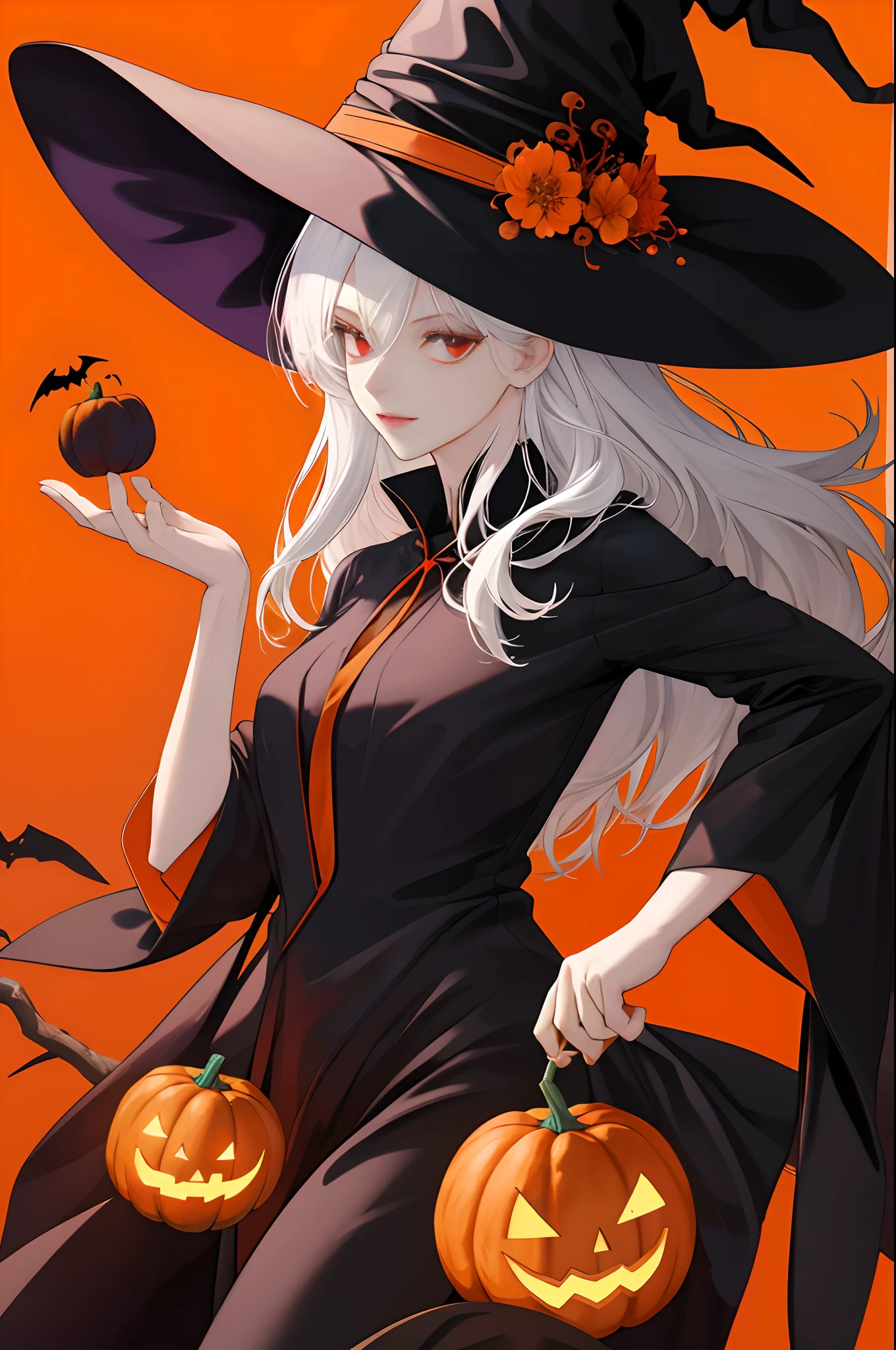 There's a woman in a witch costume holding two pumpkins, a witch hat, a witch outfit, a black outfit, white hair, an orange Halloween background, red eyes, a pretty girl