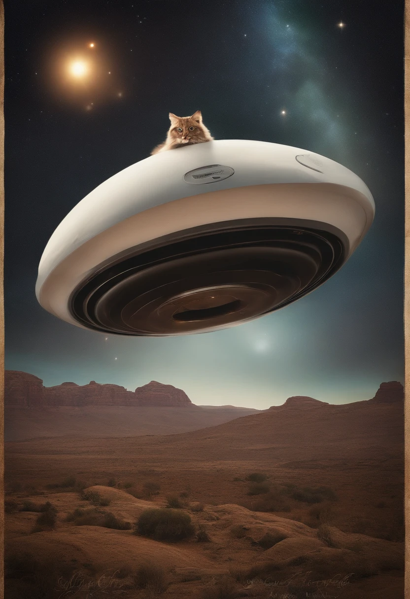 O gato monta nas costas de um Tiranossauro rex，Postura ofensiva，There are flying saucers like pizza floating in the sky，The backdrop is the vastness of the universe，um estilo realista，ultraclaro，fotorrealista，