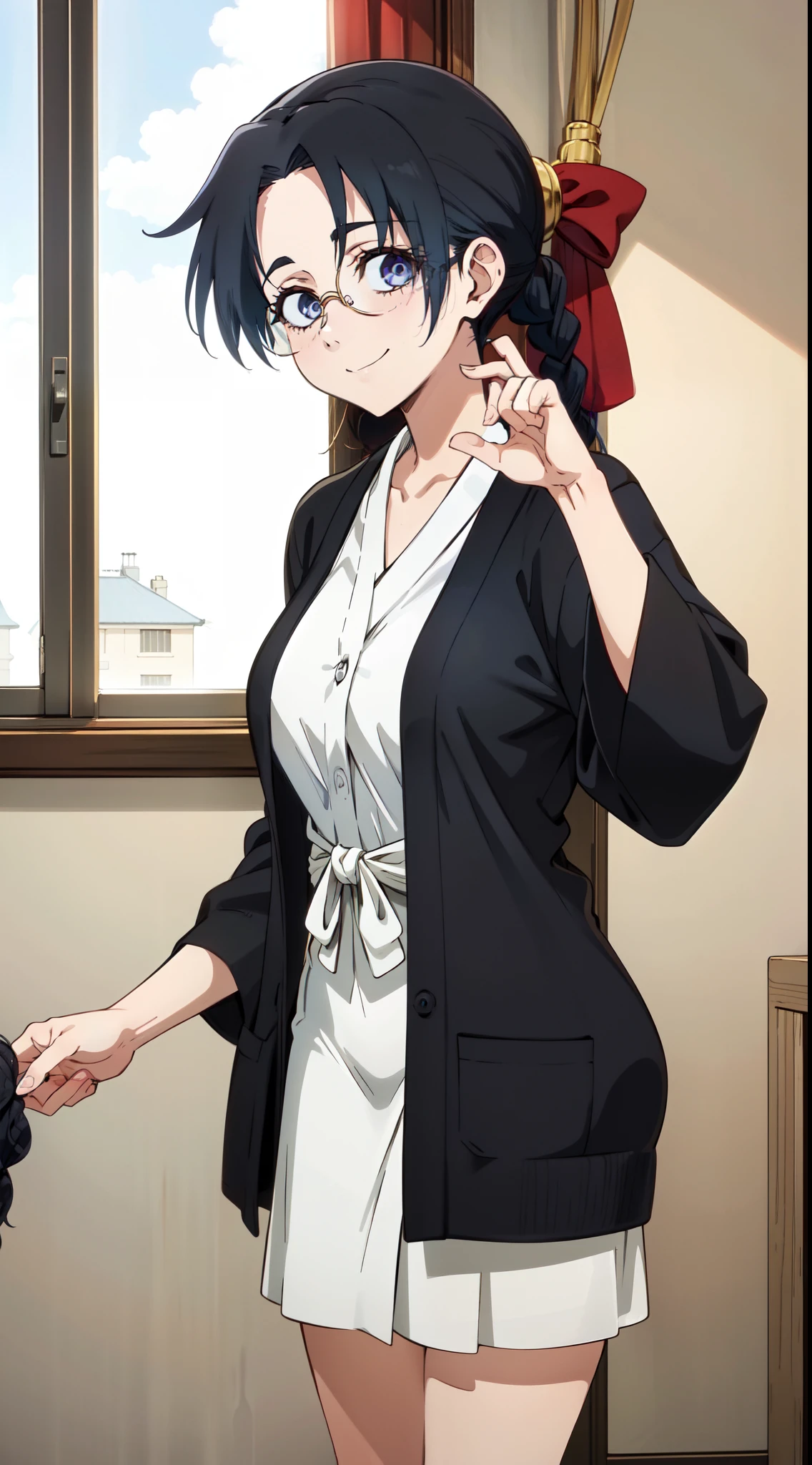 (masterpiece, best quality), intricate details, kamiyaai, 1girl, looking at viewer,  white shirt, collared shirt, black cardigan, skirt, light smile, closed mouth, indoors, (adjusting eyewear:1.2), kimono, single braid