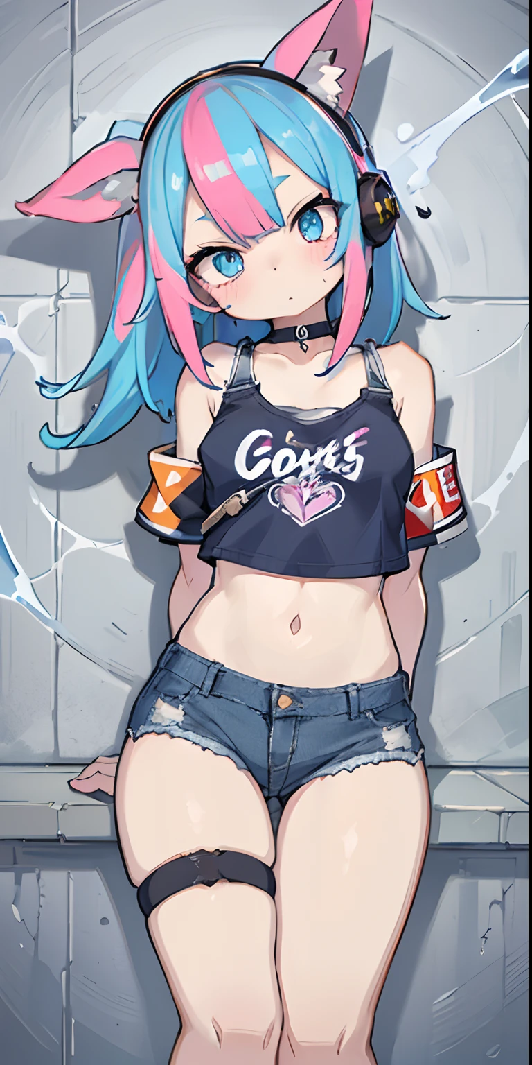masterpiece, best quality, 1girl, solo, crop top, denim shorts, choker, (graffiti: 1.5), paint splash, arms behind back, against wall, looking at viewer, armband, thigh strap, painting on the body, head tilt, bored, multicolored hair, water eyes, headset,