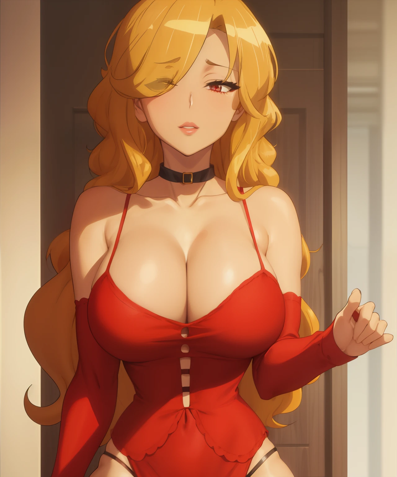 1girl, black_choker, blonde_hair, breasts, choker, cleavage, collar, collarbone, curly_hair, hair_over_one_eye, lips, long_hair, solo, upper_body, wavy_hair, red clothes