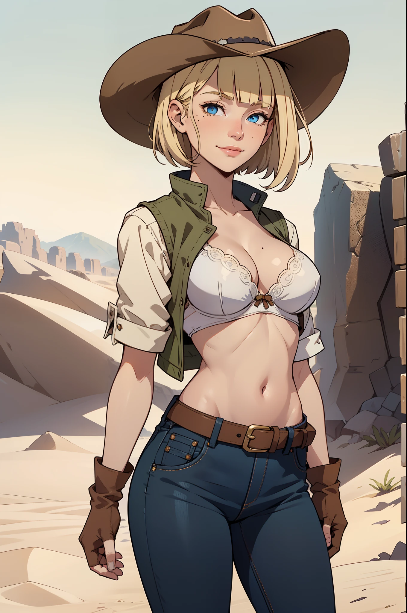 1girl, cowboy hat, white bra, green vest, no sleeves, navel, blue jeans, brown boots, fingerless gloves, short gloves, slight smile, short hair, blonde hair, parted bangs, blue eyes, mole under right eye, wild West background, sunny desert background, belt, best quality, masterpiece