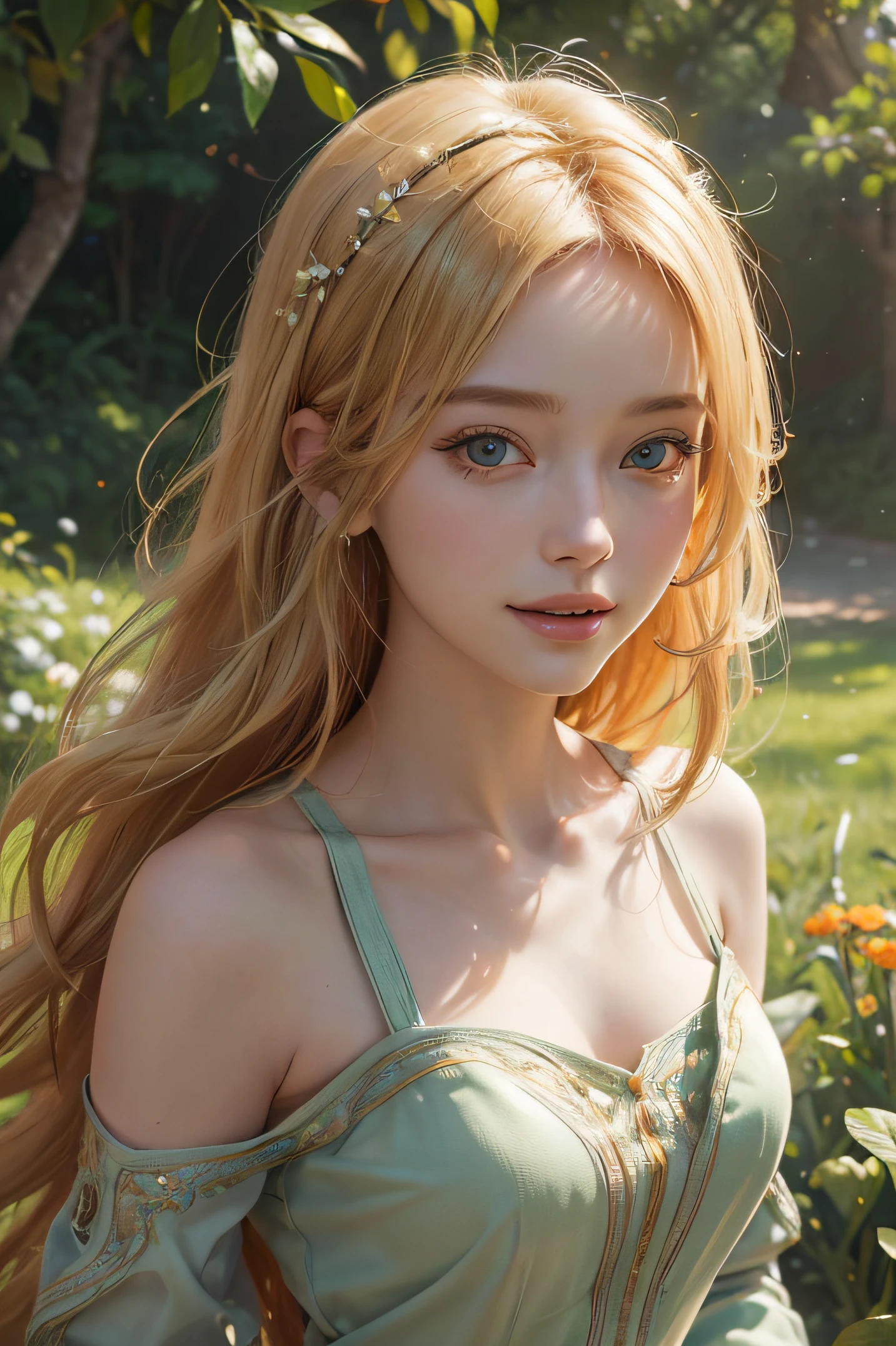 (best quality,8k,highres,masterpiece:1.2),ultra-detailed,realistic,portraits,beautiful detailed blonde girl,perfect smile,in a crater on the planet Jupiter,soft sunlight,green plants surrounding her,serene expression,gentle breeze,flowing dress,shimmering hair,fiery orange atmosphere