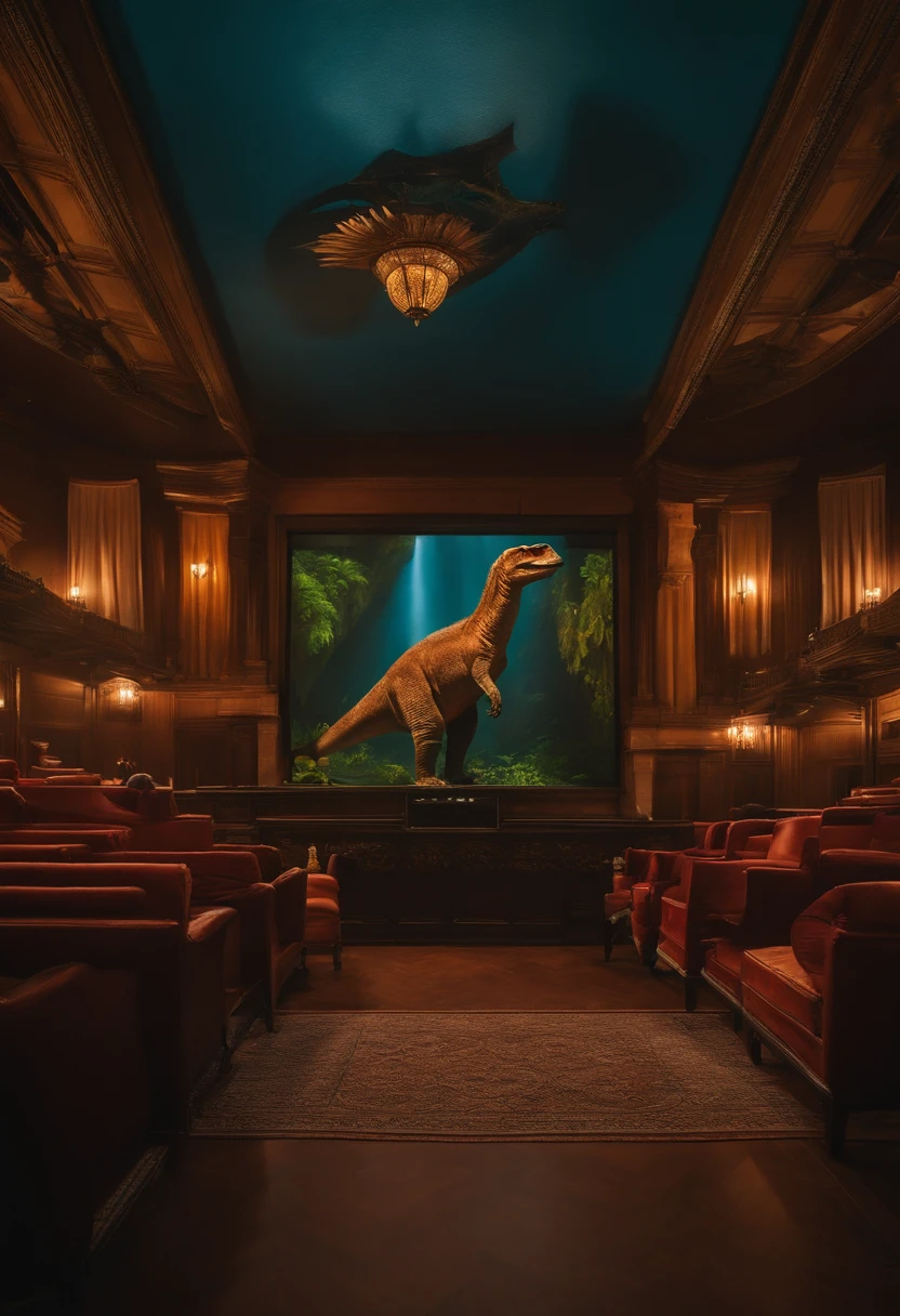 O gato monta nas costas de um Tiranossauro rex,Postura ofensiva, os dois olhando uma tv em uma sala de cinema