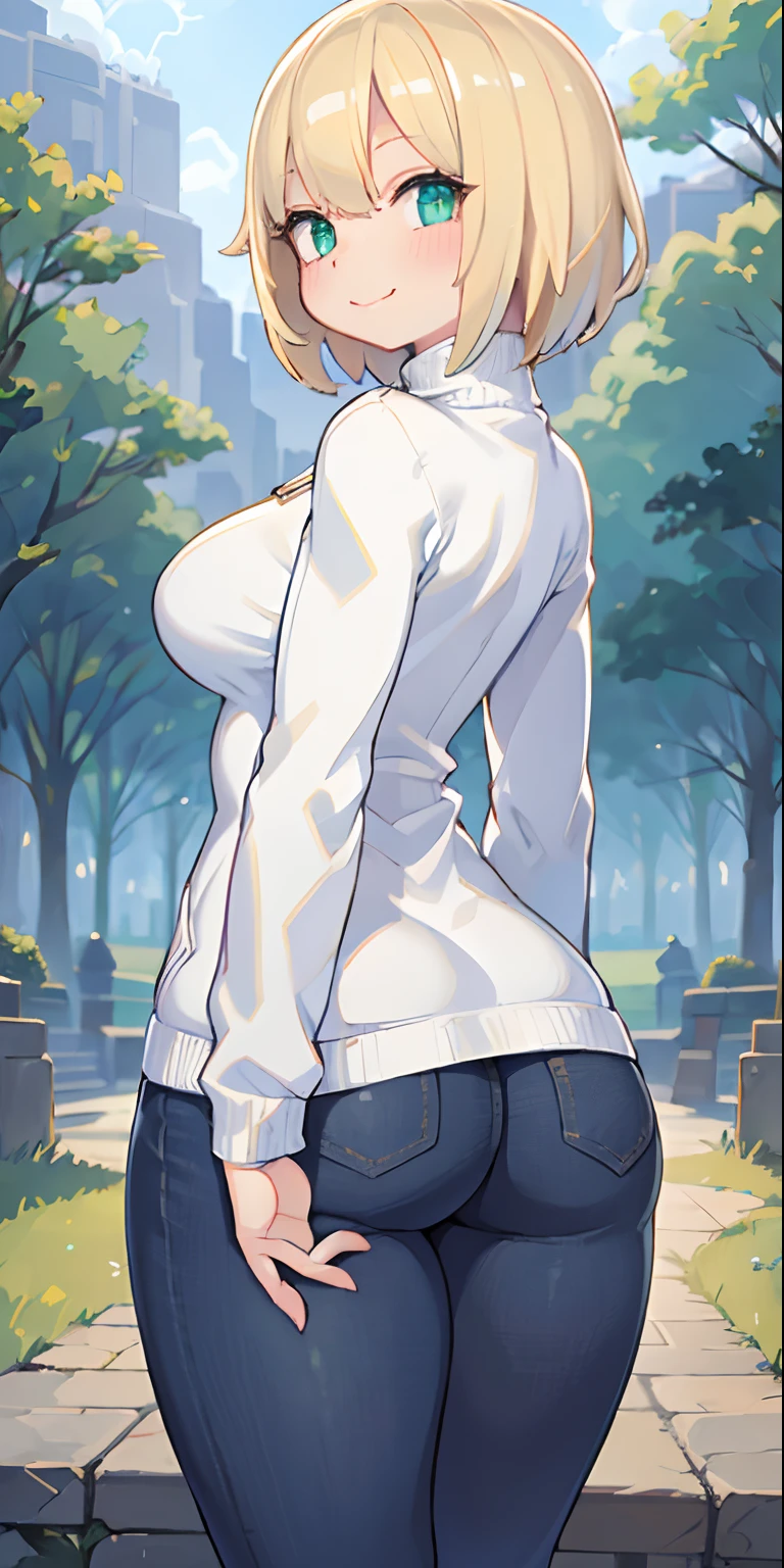 masterpiece, best quality, ultra-detailed, beautiful lighting, woman, tight jeans, blonde hair, (green eyes: 1.3), (white sweater: 1.2), turtleneck, standing, in the park, beautiful scenery, slight blush , smiling, (cute smile: 1.1), (bright lips: 1.1), (beautiful eyes: 1.1), wonderful back, closed mouth, arms behind the back, short hair