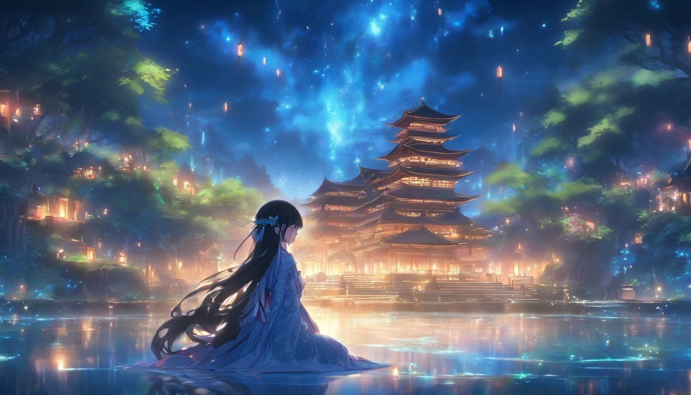 (Masterpiece, Best quality), 1girll(atenea_Asamiya Palace), Cute dress, Long black hair, Sitting, Beautiful outdoor background, Night, forest,highly detailed surreal vfx,China ink painting,water ink,ink,Smudge,China-style,中景 the scene is,super-fine,ultra - detailed,high qulity,8K ,Sharply focus the eyes,中景 the scene is,Full body like,oc rendered