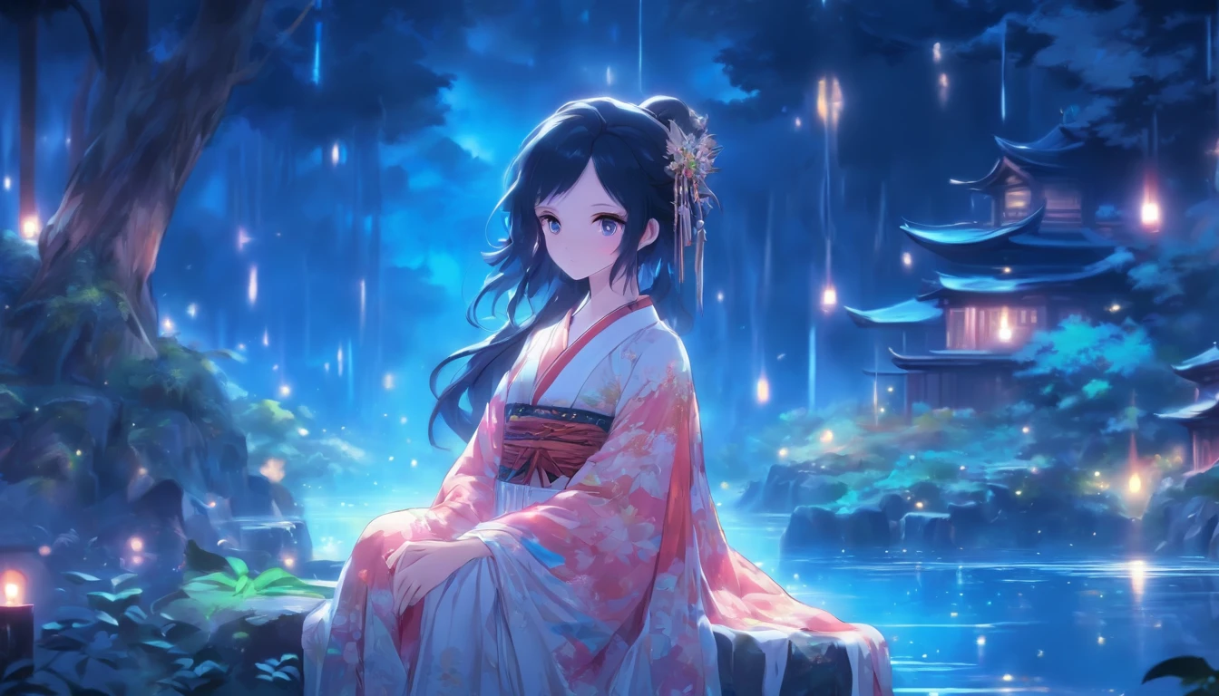 (Masterpiece, Best quality), 1girll(atenea_Asamiya Palace), Cute dress, Long black hair, Sitting, Beautiful outdoor background, Night, forest,highly detailed surreal vfx,China ink painting,water ink,ink,Smudge,China-style,中景 the scene is,super-fine,ultra - detailed,high qulity,8K ,Sharply focus the eyes,中景 the scene is,Full body like,oc rendered