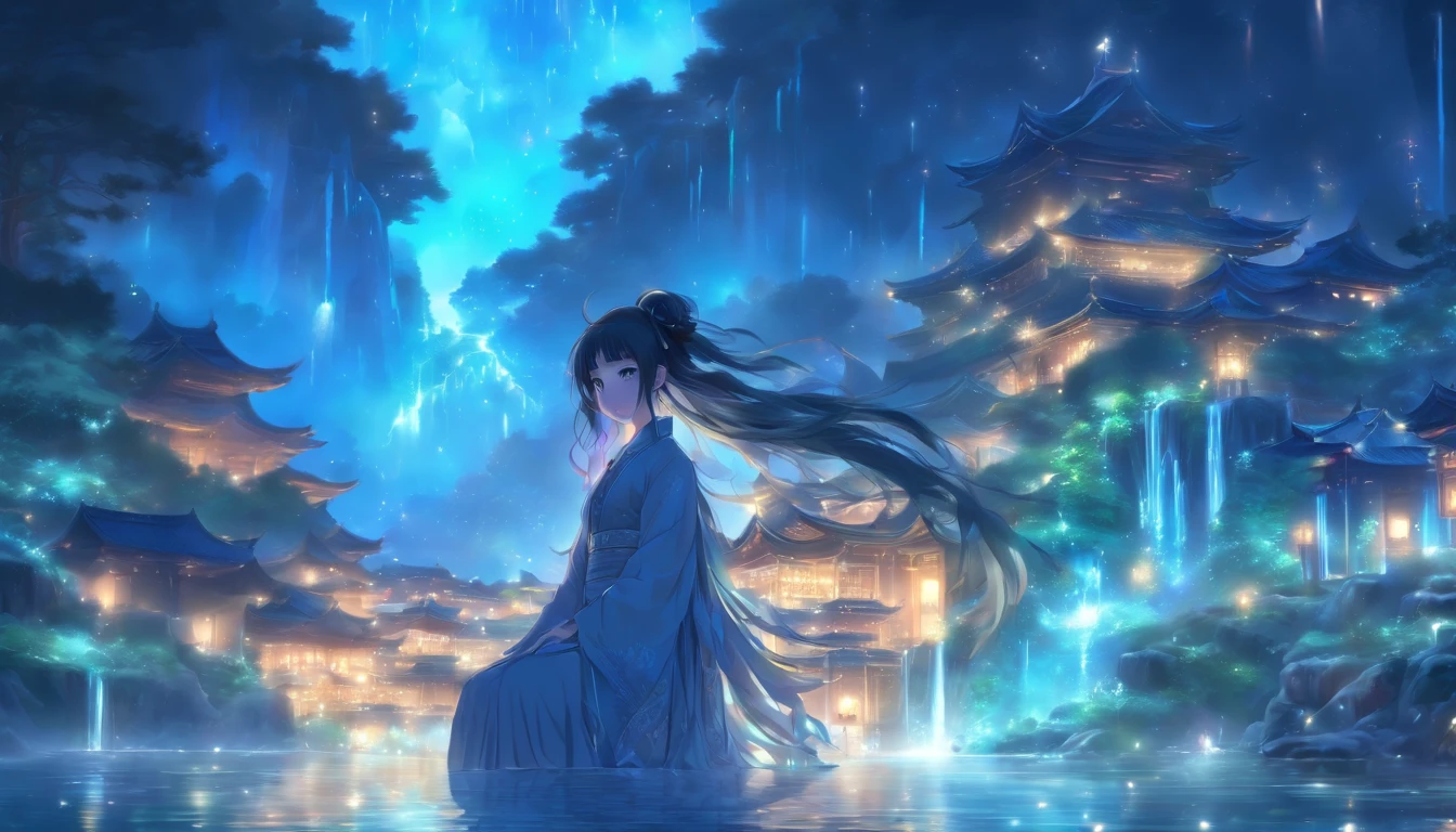 (Masterpiece, Best quality), 1girll(atenea_Asamiya Palace), Cute dress, Long black hair, Sitting, Beautiful outdoor background, Night, forest，highly detailed surreal vfx，China ink painting，water ink，ink，Smudge，China-style，中景 the scene is，super-fine，ultra - detailed，high qulity，8K ，Sharply focus the eyes，中景 the scene is，Full body like，oc rendered