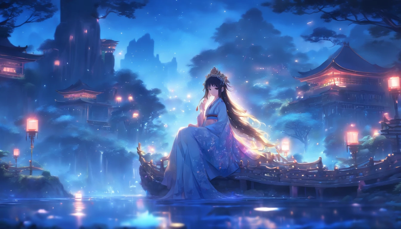 (Masterpiece, Best quality), 1girll(atenea_Asamiya Palace), Cute dress, Long black hair, Sitting, Beautiful outdoor background, Night, forest，highly detailed surreal vfx，China ink painting，water ink，ink，Smudge，China-style，中景 the scene is，super-fine，ultra - detailed，high qulity，8K ，Sharply focus the eyes，中景 the scene is，Full body like，oc rendered