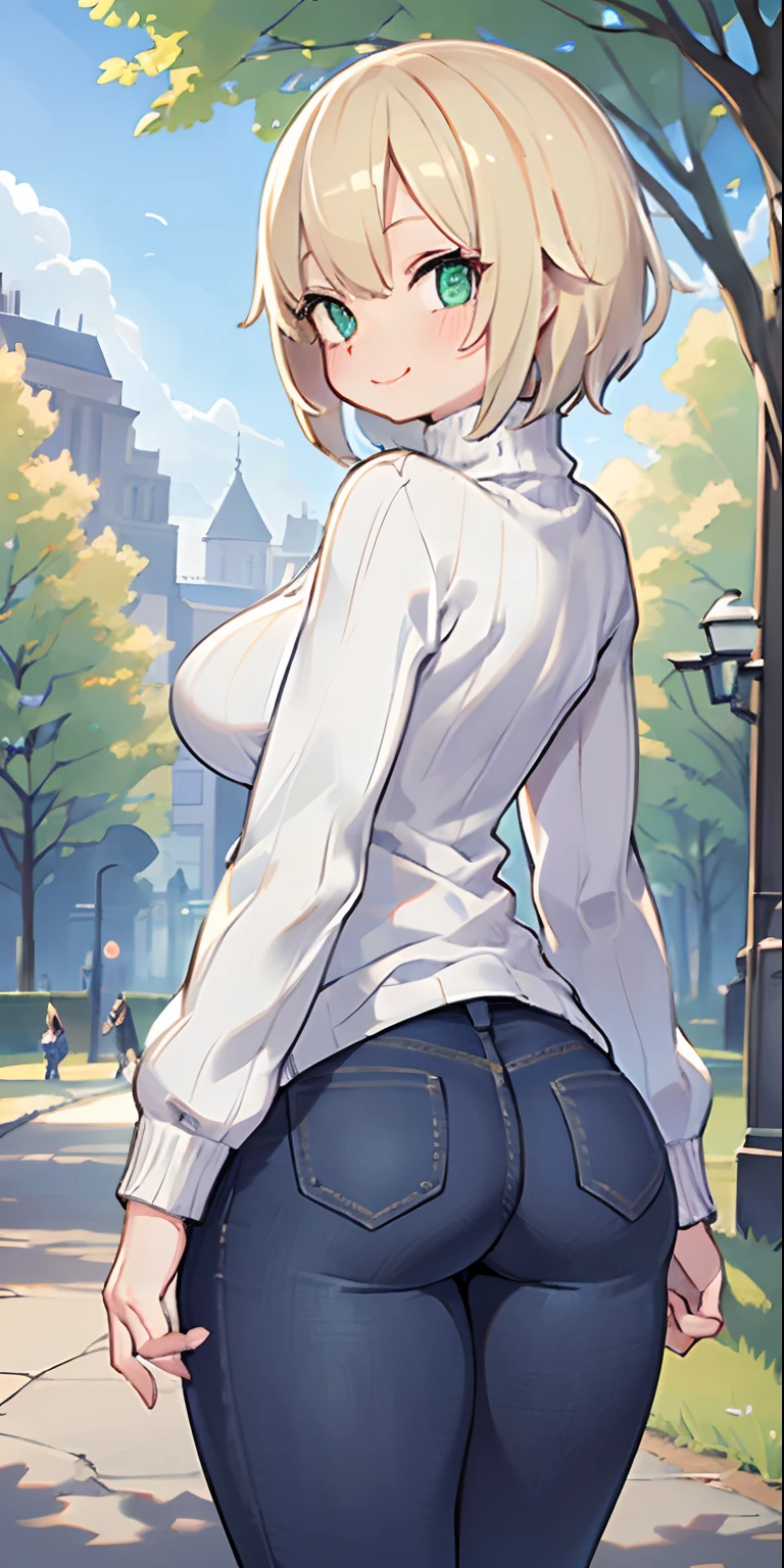 masterpiece, best quality, ultra-detailed, beautiful lighting, woman, tight jeans, blonde hair, (green eyes: 1.3), (white sweater: 1.2), turtleneck, standing, in the park, beautiful scenery, slight blush , smiling, (cute smile: 1.1), (bright lips: 1.1), (beautiful eyes: 1.1), wonderful back, closed mouth, arms behind the back, short hair