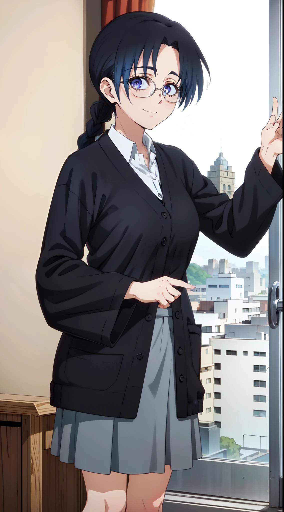 (masterpiece, best quality), intricate details, kamiyaai, 1girl, looking at viewer, white shirt, collared shirt, black cardigan, skirt, light smile, closed mouth, indoors, (adjusting eyewear:1.2), kimono, single braid, black hair,
