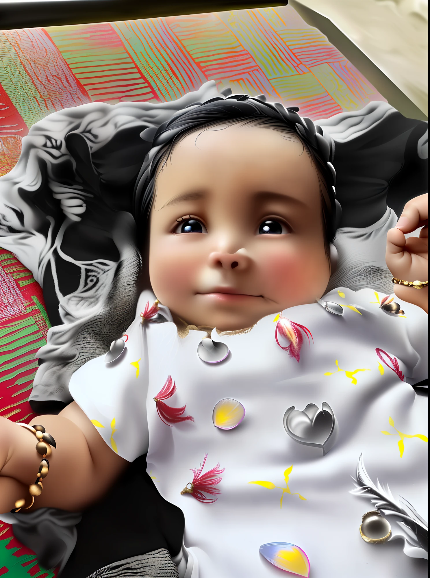 There is a small child who is wearing a very cute yellow dress. he has a peacock feather crown on her head and a flute in her hands. We have a lot of cows near us. blue eyes and black hair
