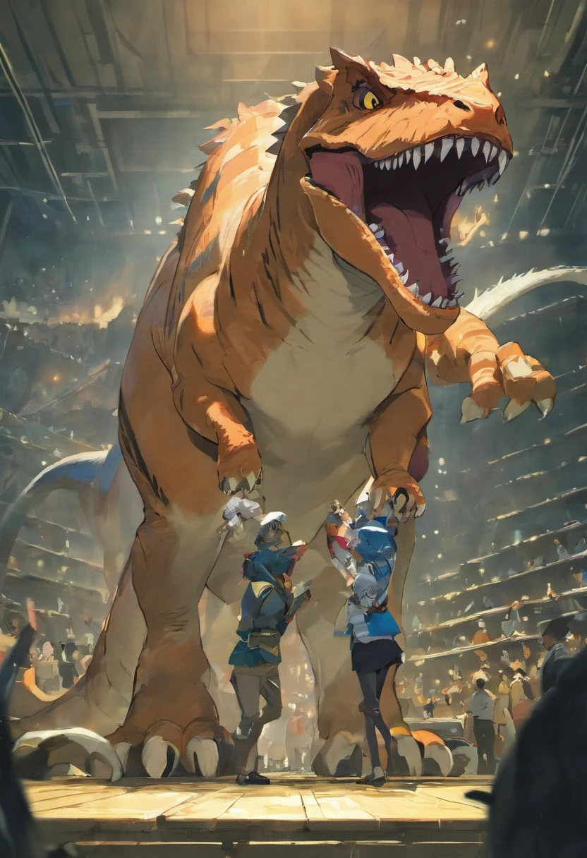 The cat rides on the back of a Tyrannosaurus rex,Offensive posture, both looking at a TV in a movie theater