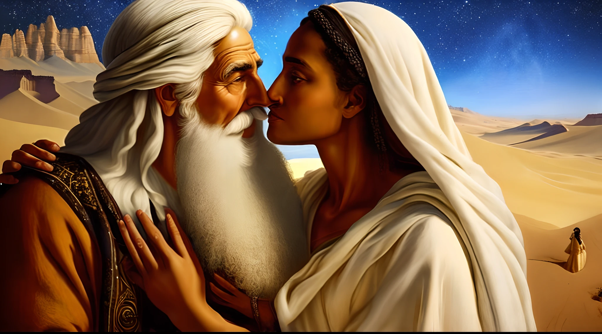 Gere quatro imagens a partir deste texto: Moses and his wife Zipporah, A biblical figure of exceptional antiquity, They are described as people of imposing stature., long white hair from Moses and long black hair from Zippora that flow like the wisdom accumulated throughout his long life.
Estilo: realistic lighting: Contraste e fundo de luz de fundo: deserto
Poses: Moses and Zipporah kissing (Imagem 1)
Moses and Zipporah with their two sons embraced (Imagem 2)
Caminhando pelo deserto, with reflective expression (Imagem 3)
Looking Up The Sky, with an expression of astonishment (Imagem 4)
Ordem: 1, 2, 3, 4