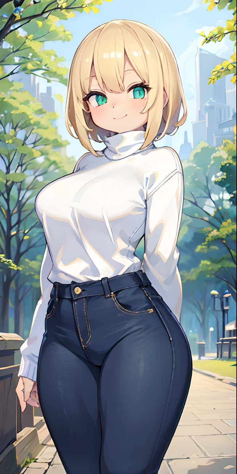 masterpiece, best quality, ultra-detailed, beautiful lighting, Woman, tight jeans, blonde hair, (blue eyes:1.3), (white sweater:1.2), turtleneck, standing up, in park, beautiful scenery, slight blush, smiling, (cute smile:1,1), (glossy lips:1.1), (beautiful eyes:1.1), wonderful backround, closed mouth, arms_behind_back, short hair