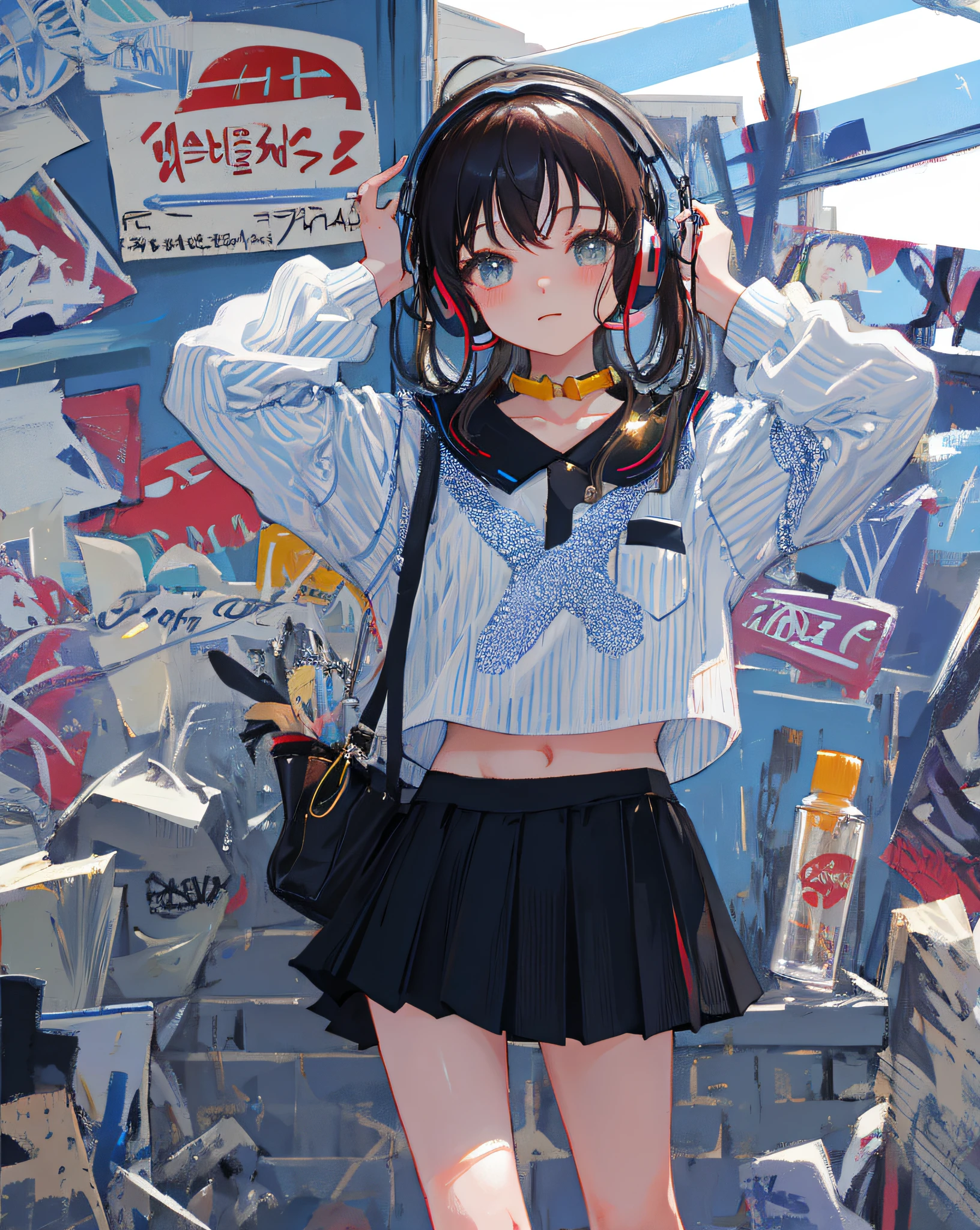 (Realistic painting style:1.0), Masterpiece, Best quality, absurderes, comic strip, illustration,
1 girl, Medium hair, Cute girl, young and cute girl, Korean girl, {Breasts},
A girl in a skirt and a striped shirt with headphones, On the road, Girl wearing headphones, cute kawaii girls, photo of slim girl model, Wear a collar, wearing a crop top, Wear a striped top, Striped top, Black skirt, Simple clothes, Simple clothing,