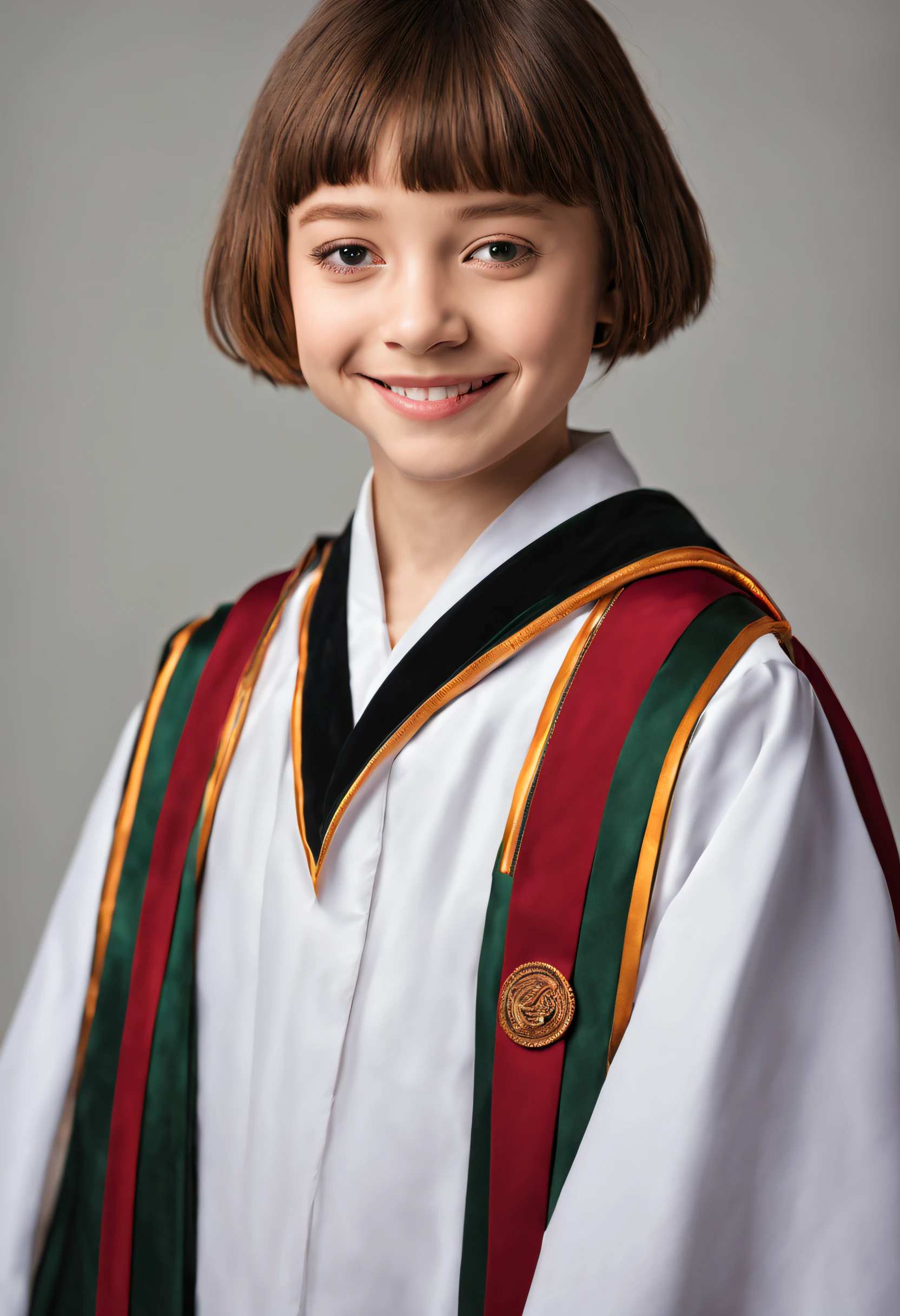 light academia outfit, hard lighting, contemporary, girl age 10, graduation photo, formal portrait, short hair, wearing robes, colorful studio portrait, wearing academic gown